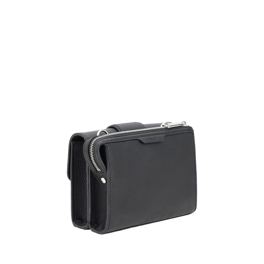 Fendi Black Luxurious Grained Leather Double Baguette Shoulder Bag