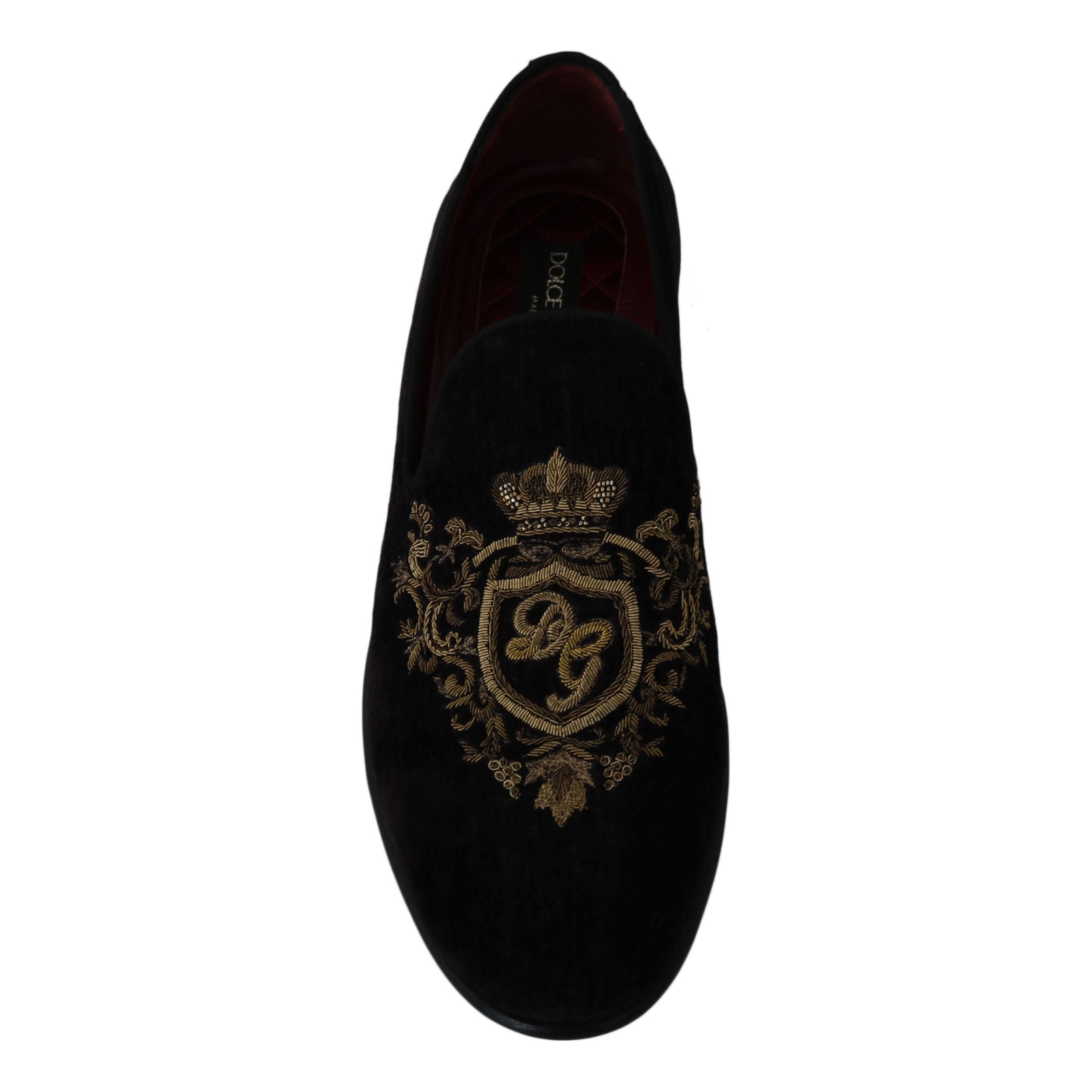 Dolce & Gabbana Black Leather Loafers with Gold Crown Embroidery