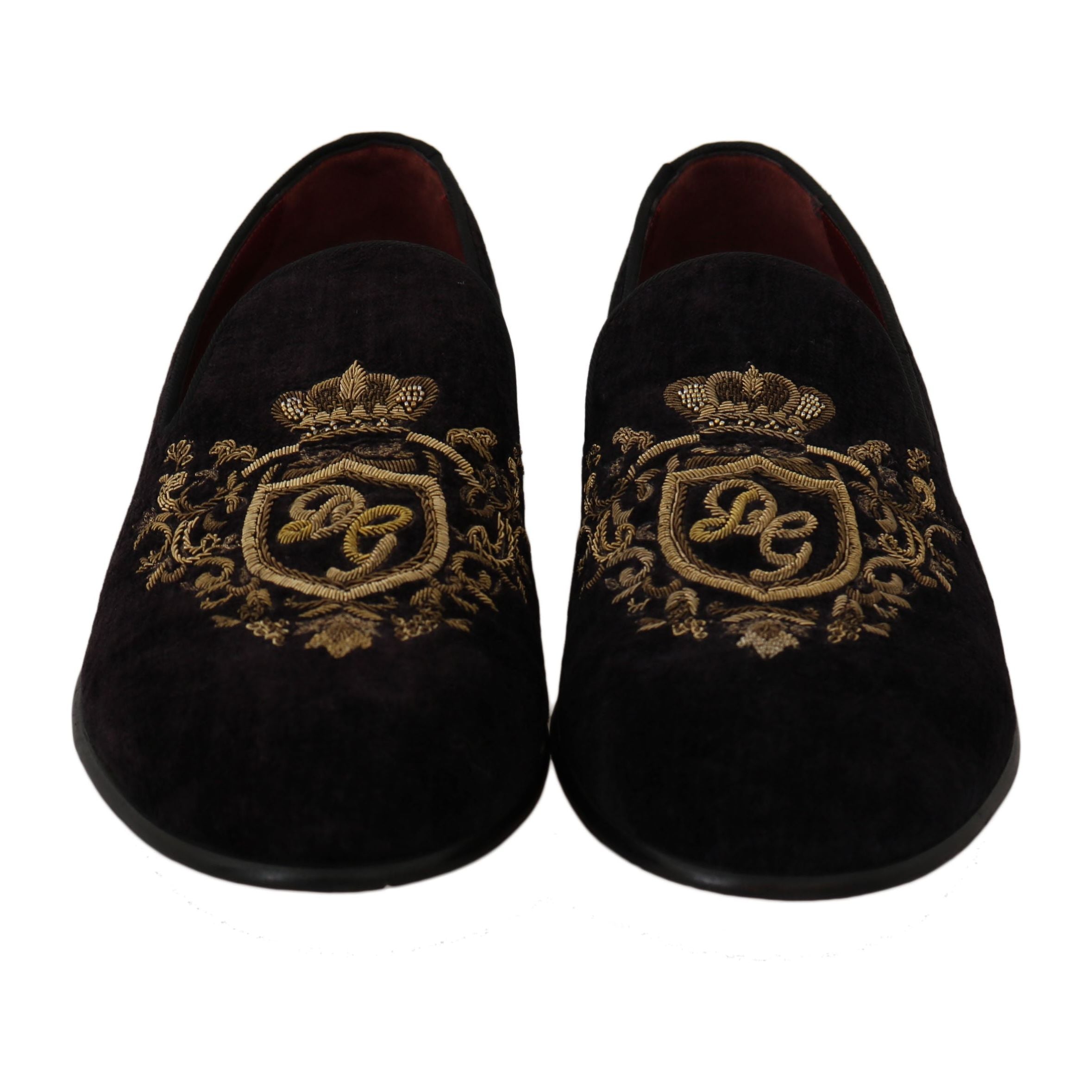 Dolce & Gabbana Black Leather Loafers with Gold Crown Embroidery