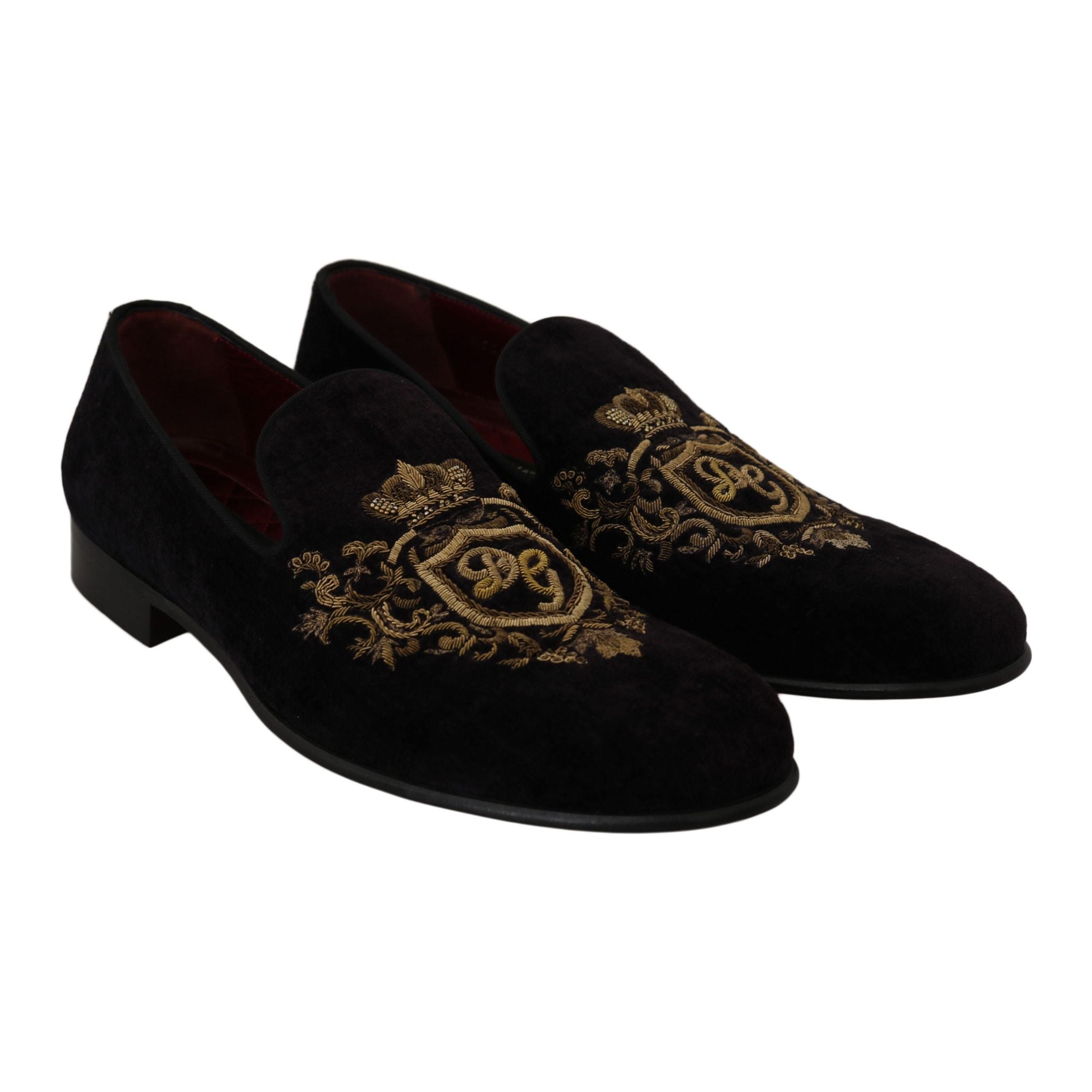 Dolce & Gabbana Black Leather Loafers with Gold Crown Embroidery