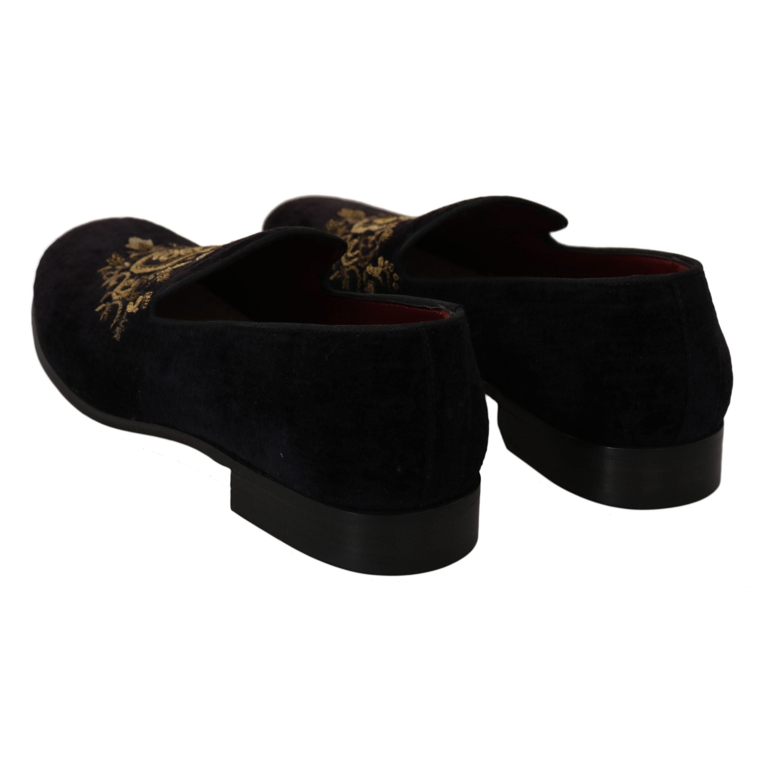 Dolce & Gabbana Black Leather Loafers with Gold Crown Embroidery