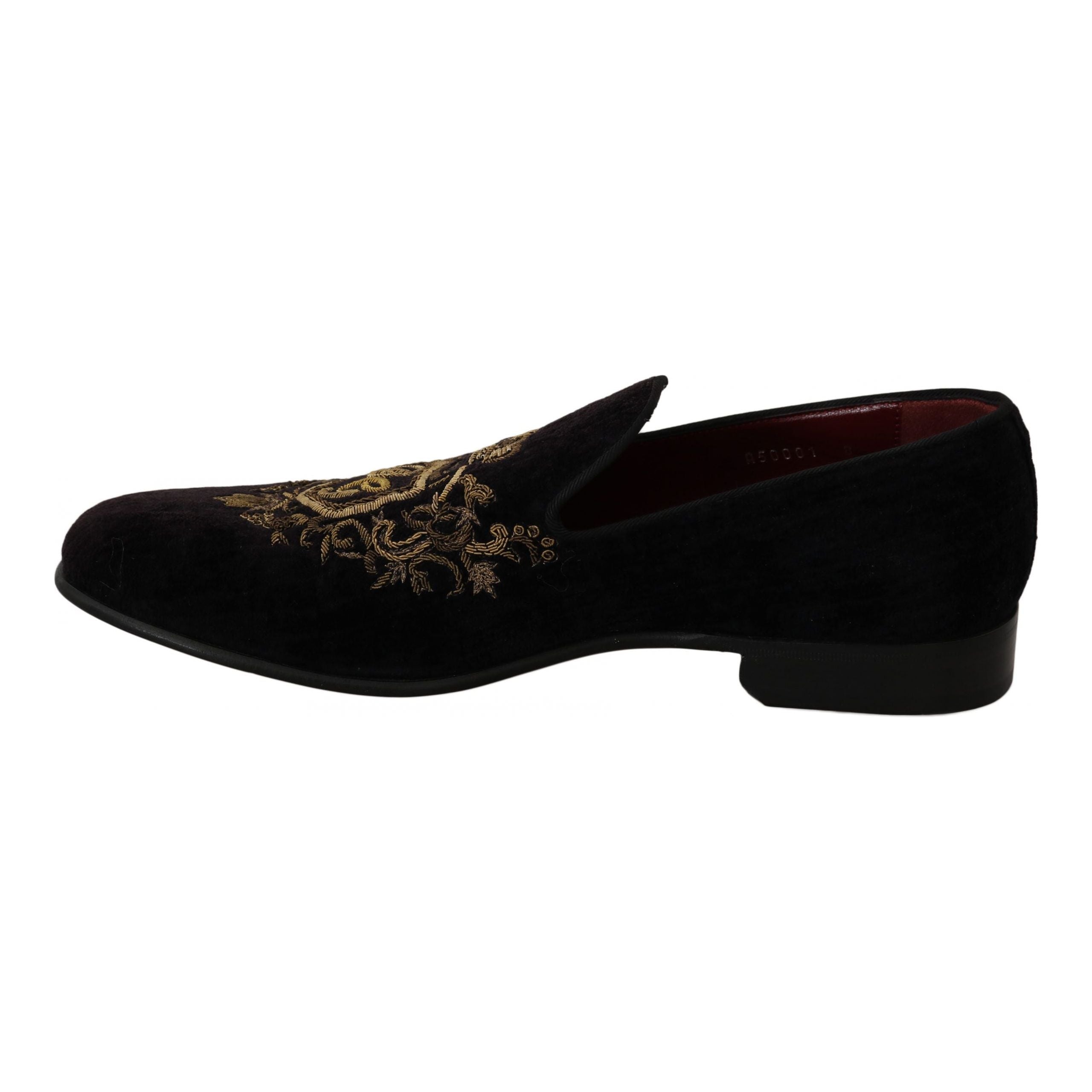 Dolce & Gabbana Black Leather Loafers with Gold Crown Embroidery