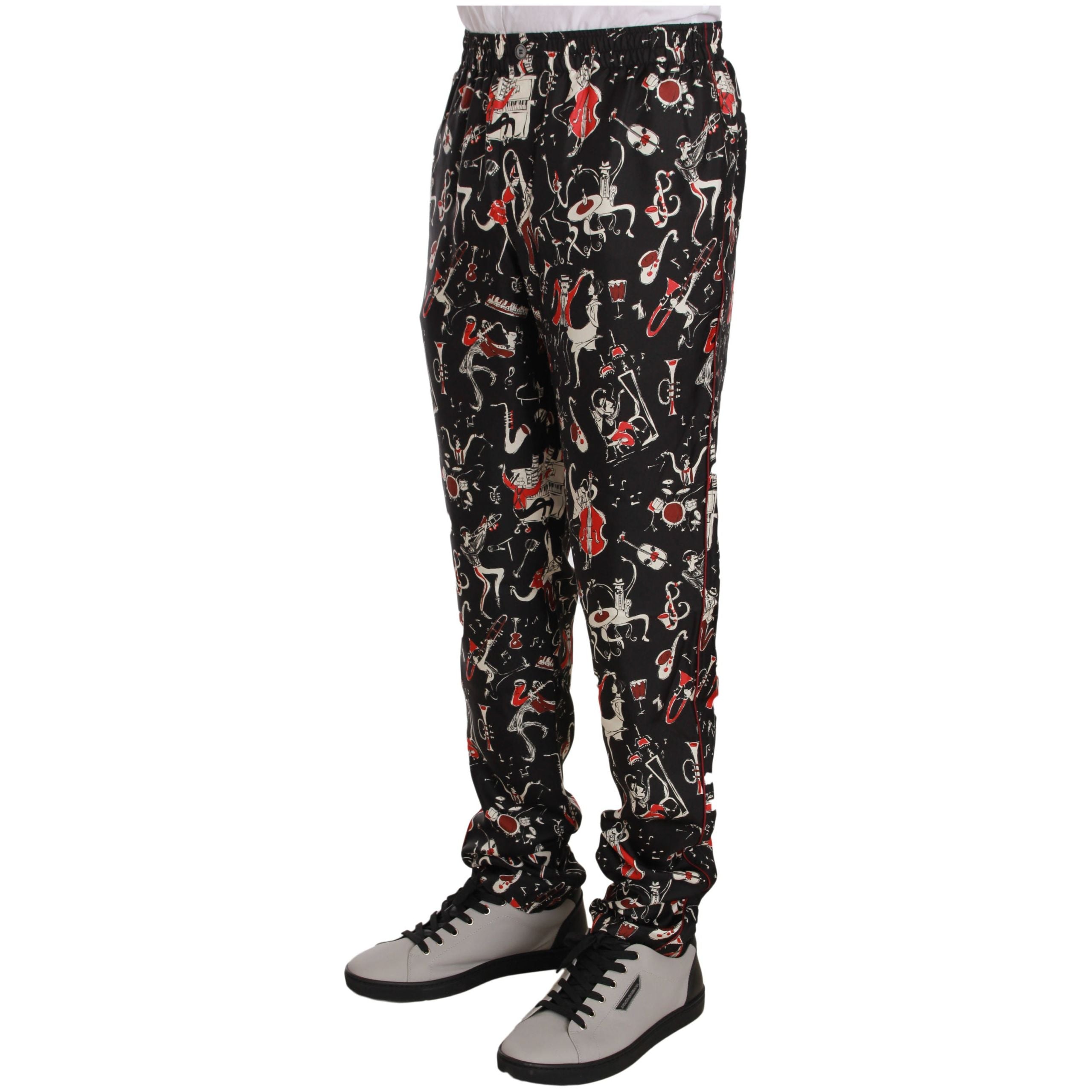 Dolce & Gabbana Black Silk Lounge Pants with Red Print