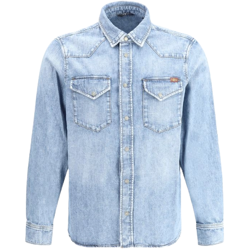 7FOR Blue Cotton Western Denim Shirt - Timeless Elegance Redefined