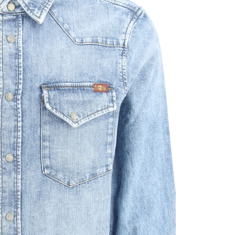 7FOR Blue Cotton Western Denim Shirt - Timeless Elegance Redefined