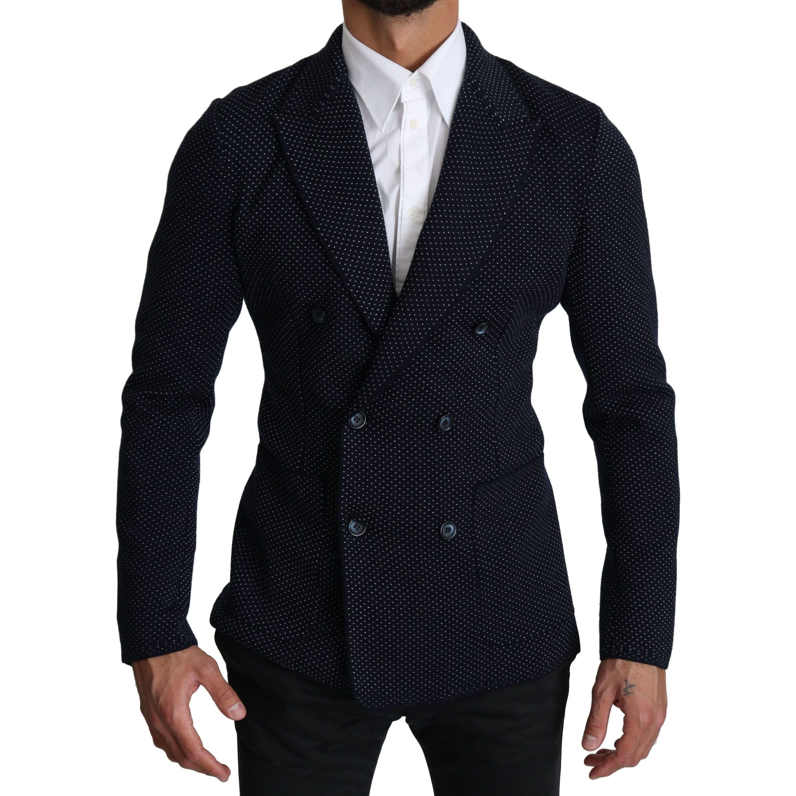 Dolce & Gabbana Dark Blue Wool Dotted Slim-Fit Blazer