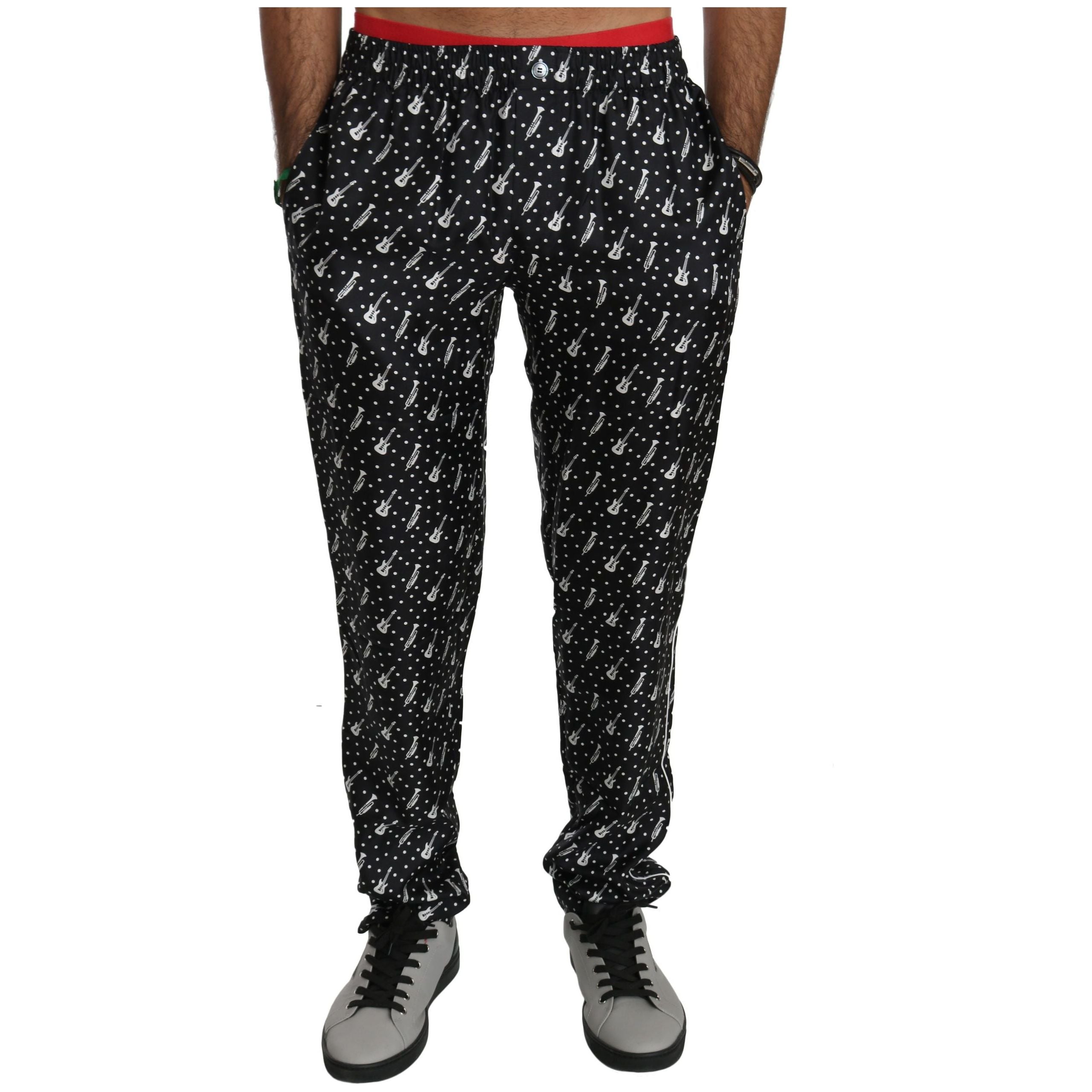 Dolce & Gabbana Black Silk Musical Instrument Print Pants