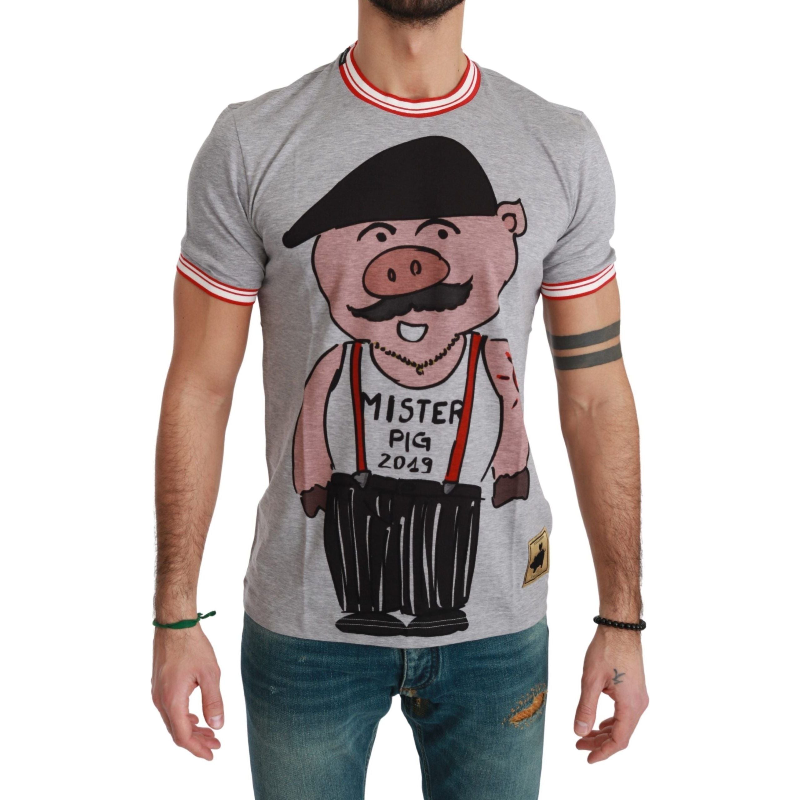 Dolce & Gabbana Gray Cotton T-Shirt with Year of the Pig Motive