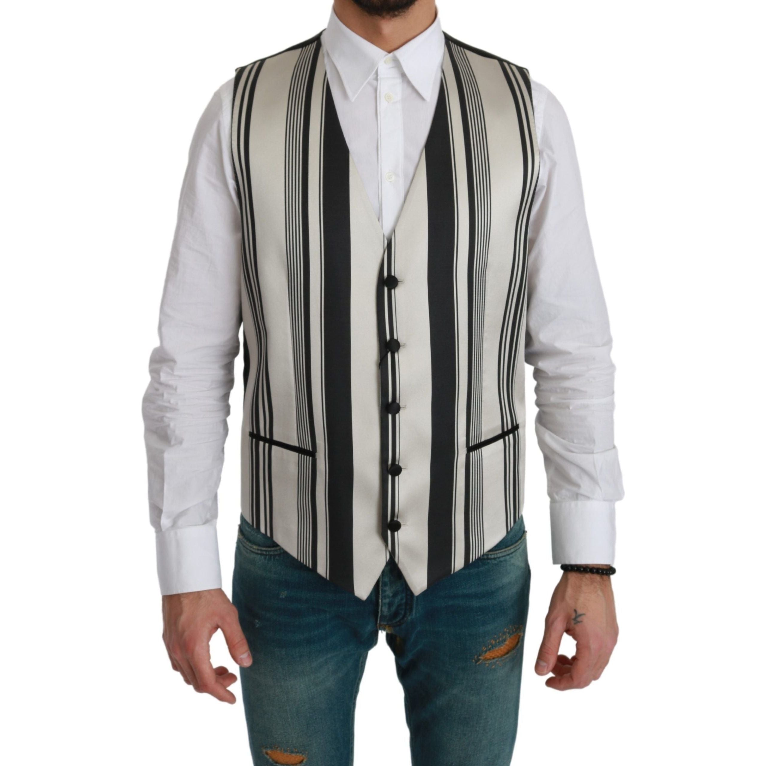 Dolce & Gabbana Black Stripe Cotton Silk Dress Vest