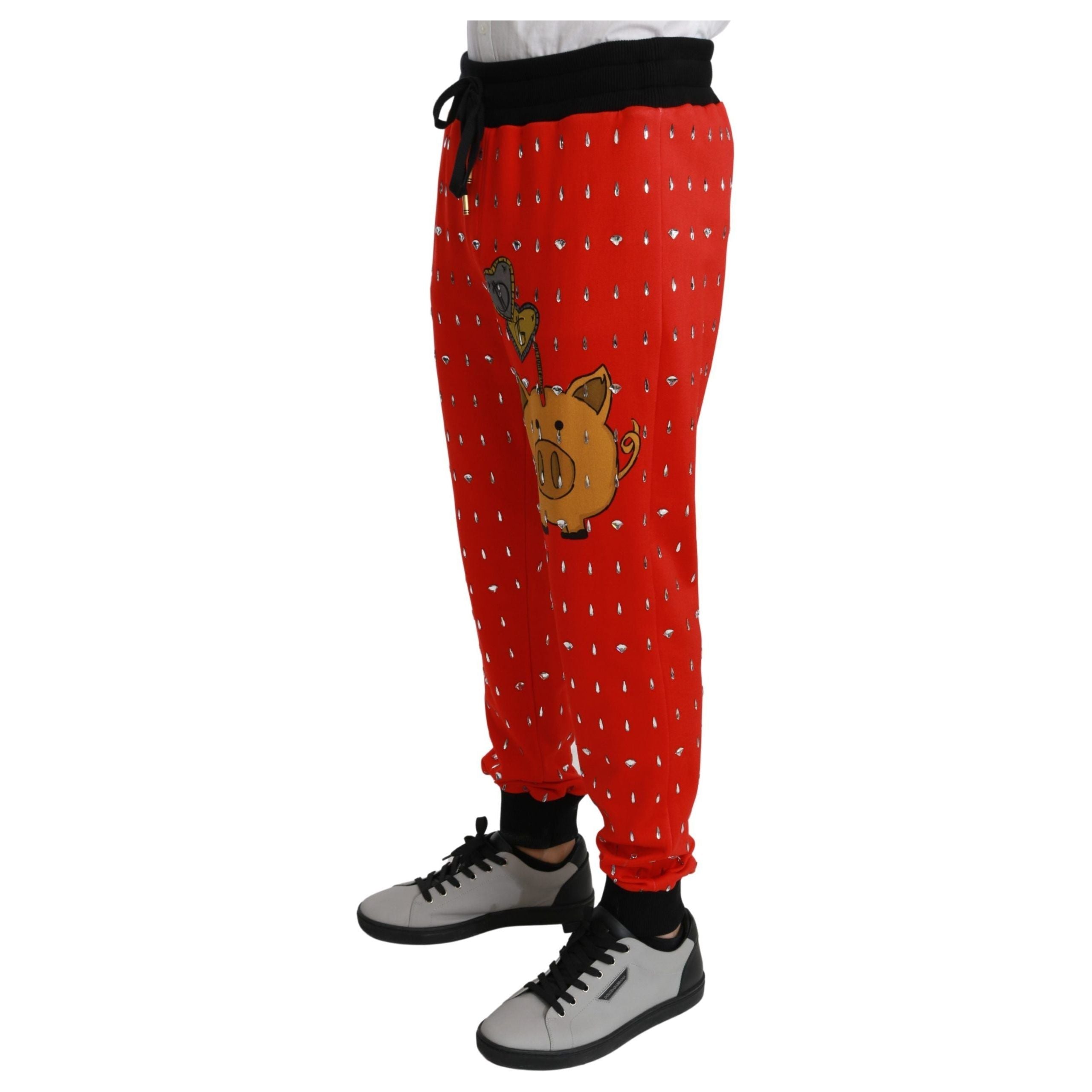 Dolce & Gabbana Red Cotton Piggy Bank Print Sweatpants