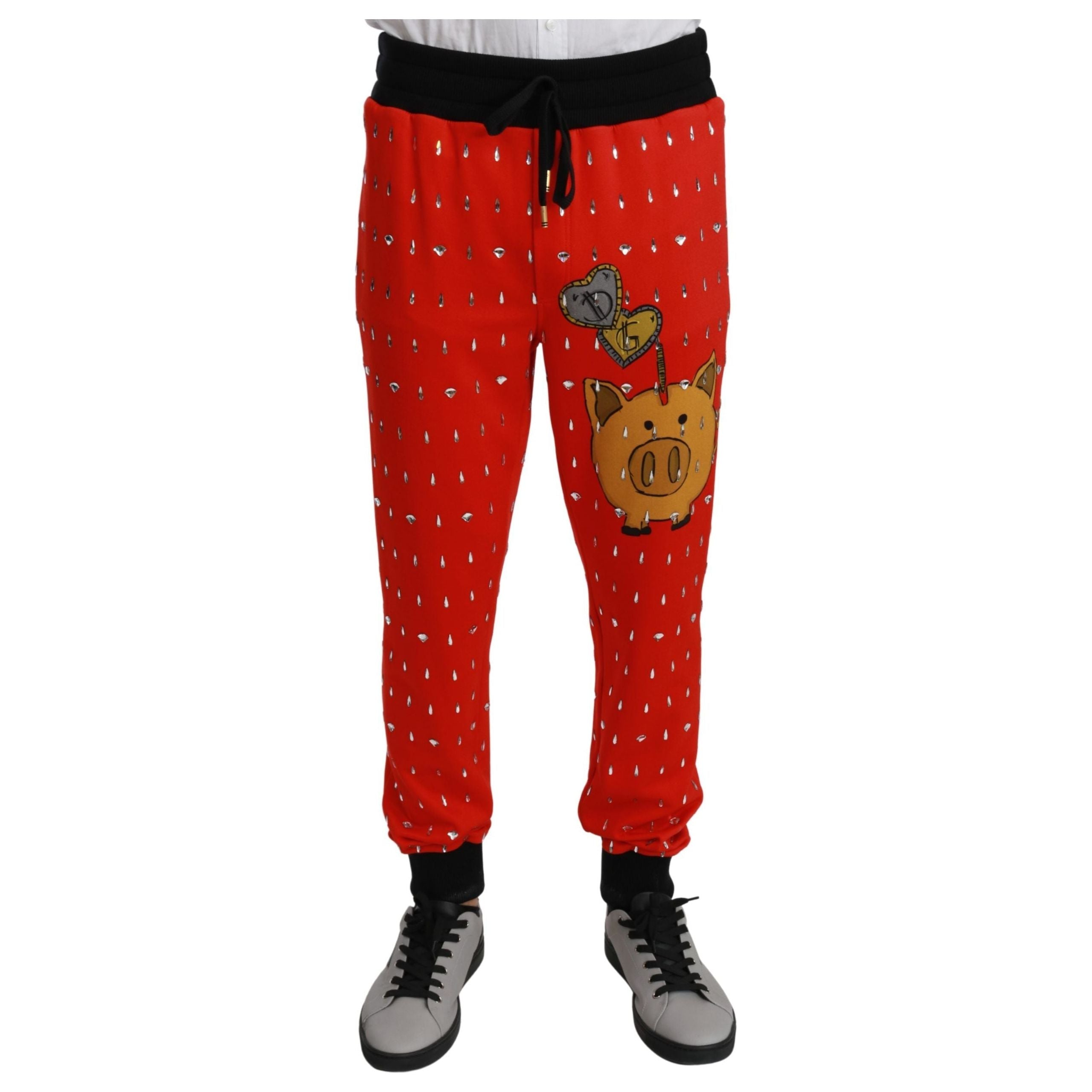 Dolce & Gabbana Red Cotton Piggy Bank Print Sweatpants