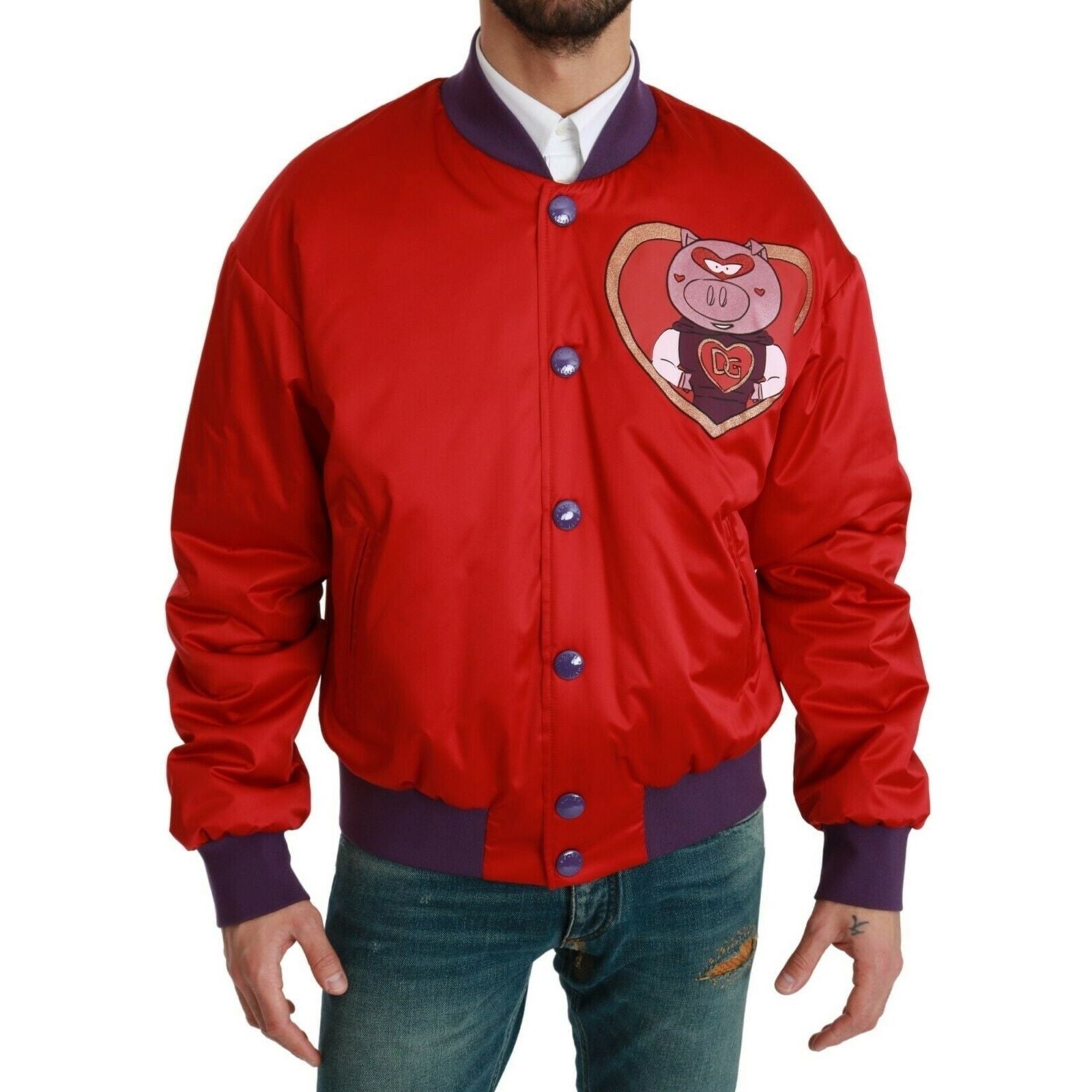 Dolce & Gabbana Red Satin Bomber Jacket with Motif