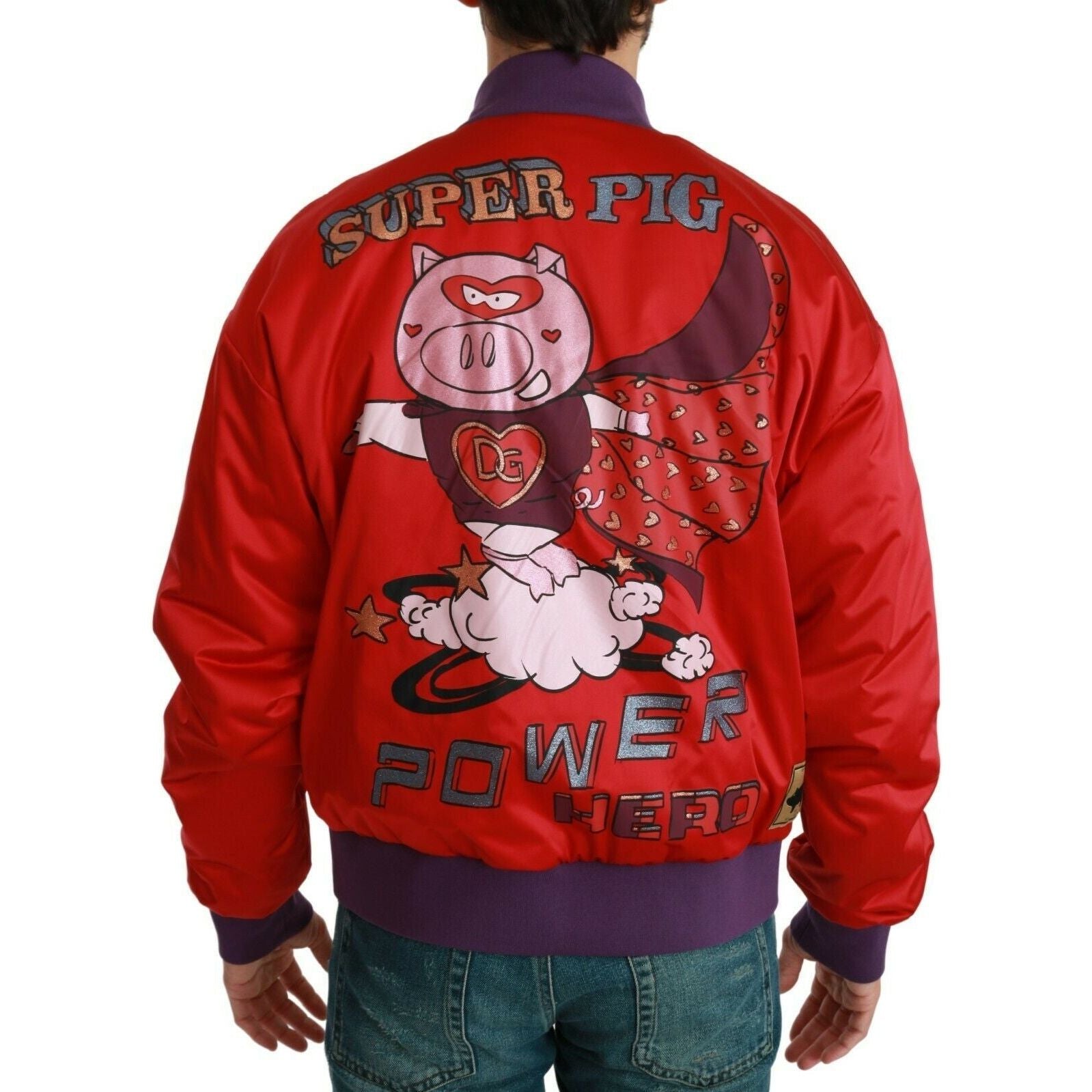 Dolce & Gabbana Red Satin Bomber Jacket with Motif