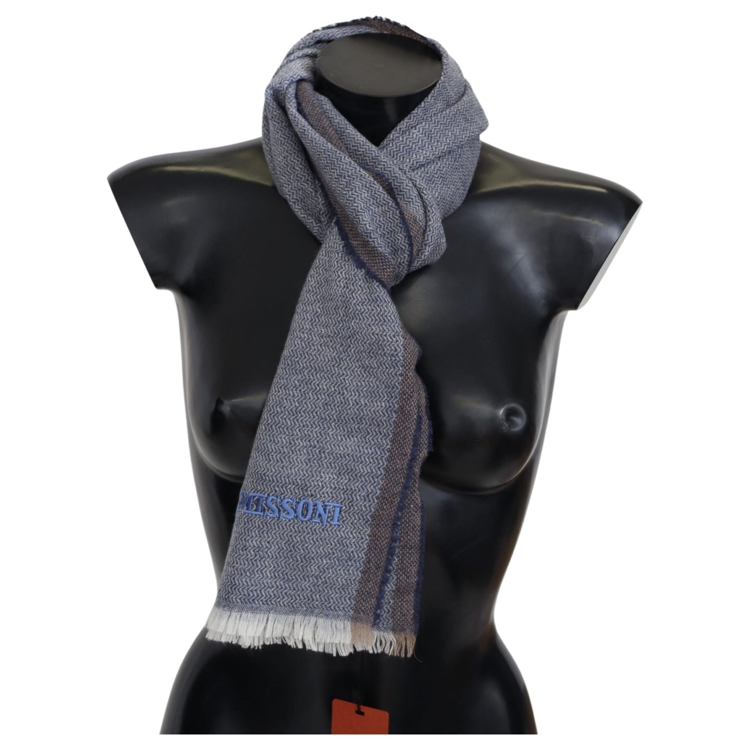 Missoni Gray Wool Scarf with Stripes and Fringes