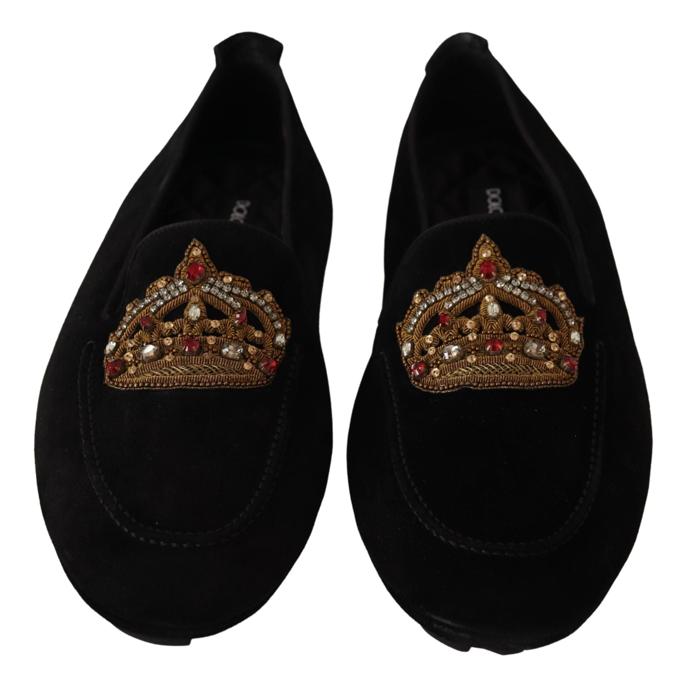 Dolce & Gabbana Black Leather Loafer Slides Gold Embroidery