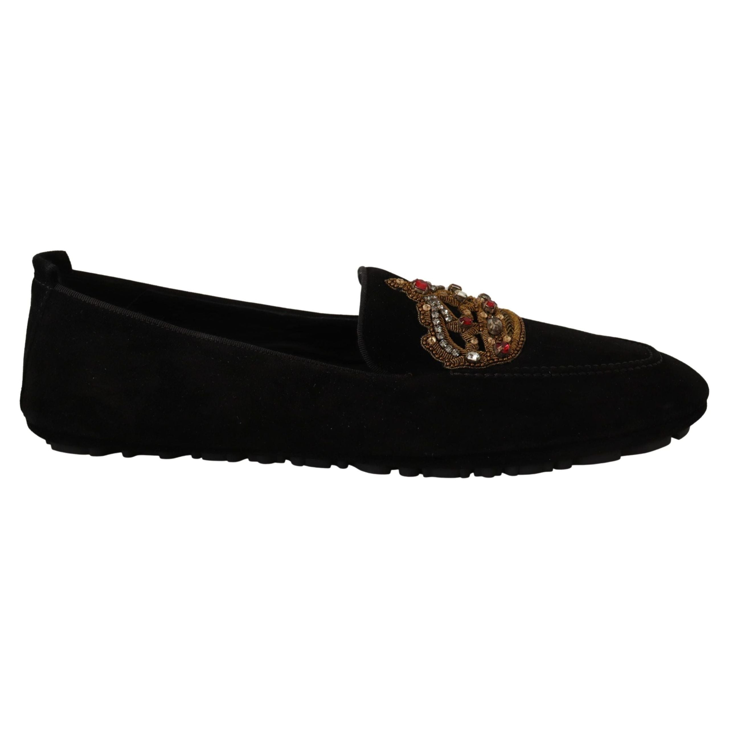 Dolce & Gabbana Black Leather Loafer Slides Gold Embroidery