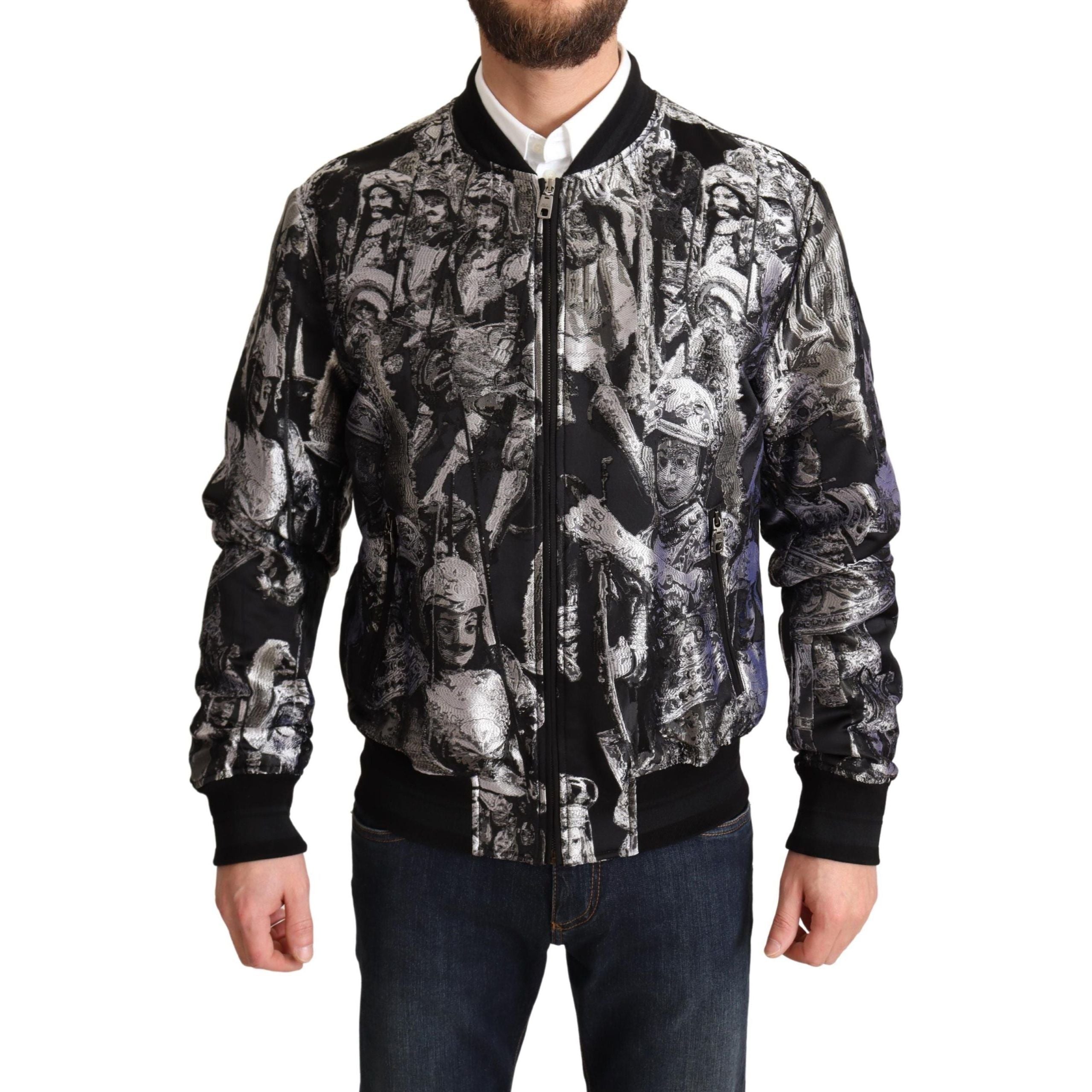 Dolce & Gabbana Black Silk Bomber Jacket with Silver Details
