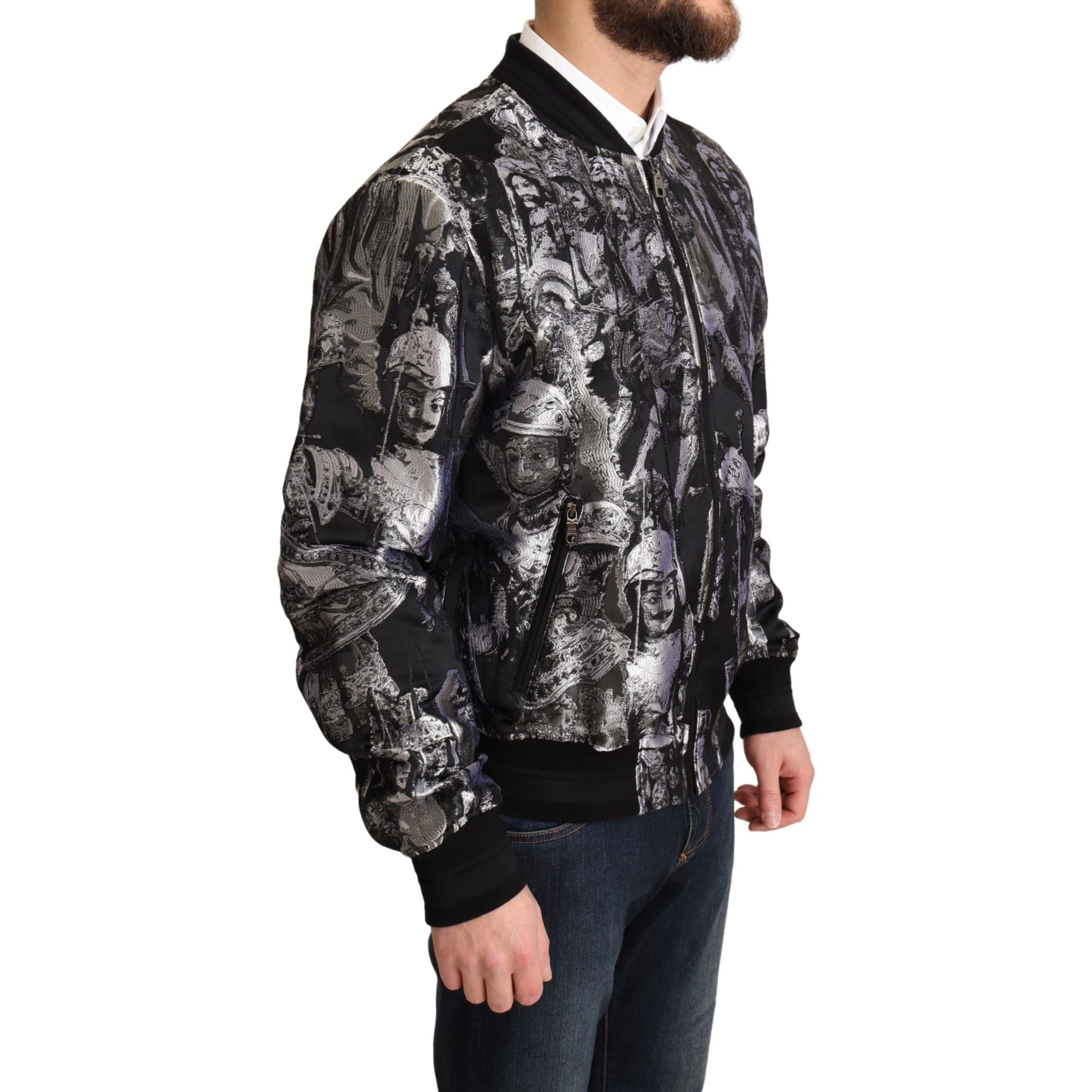 Dolce & Gabbana Black Silk Bomber Jacket with Silver Details