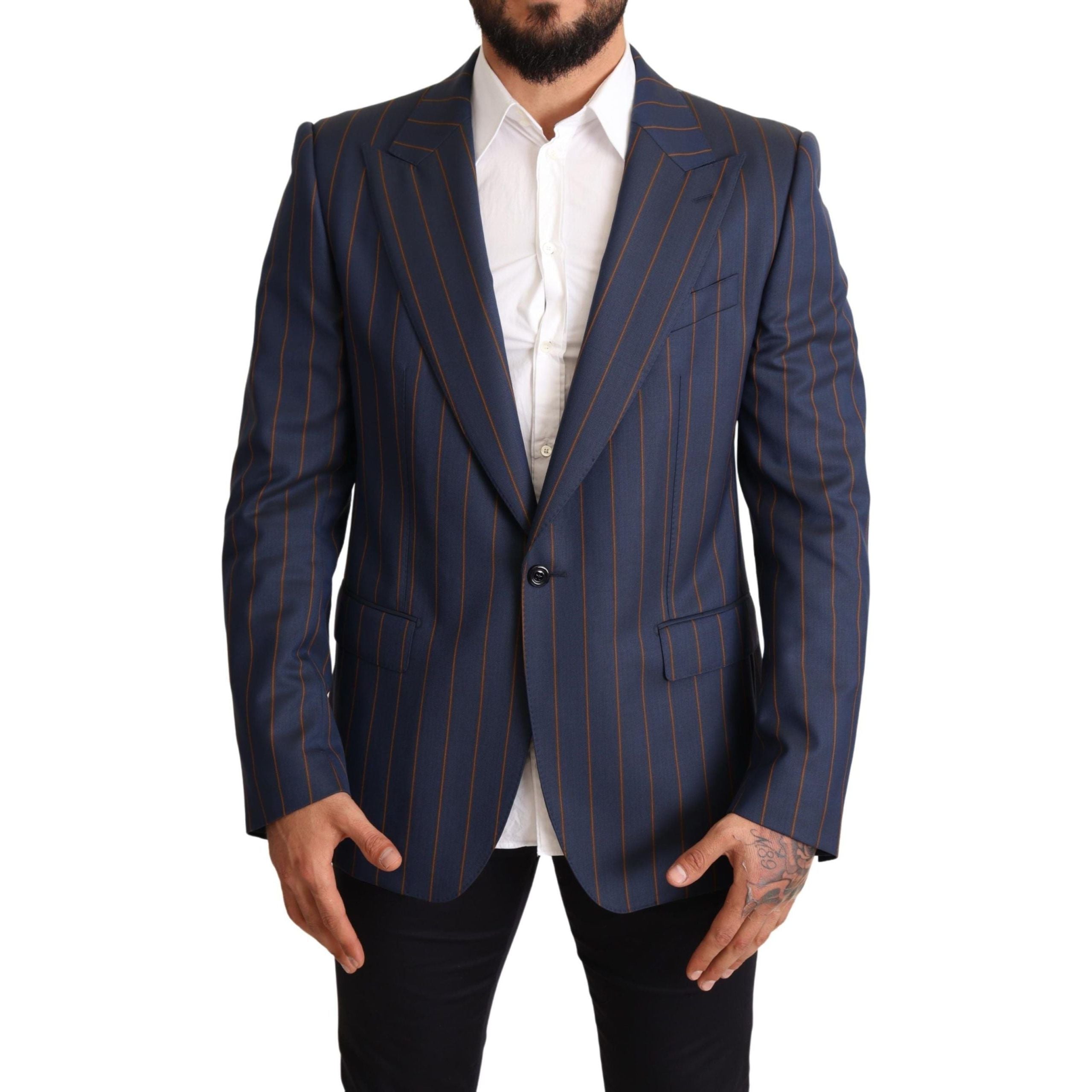 Dolce & Gabbana Blue Wool Slim Fit Striped Blazer