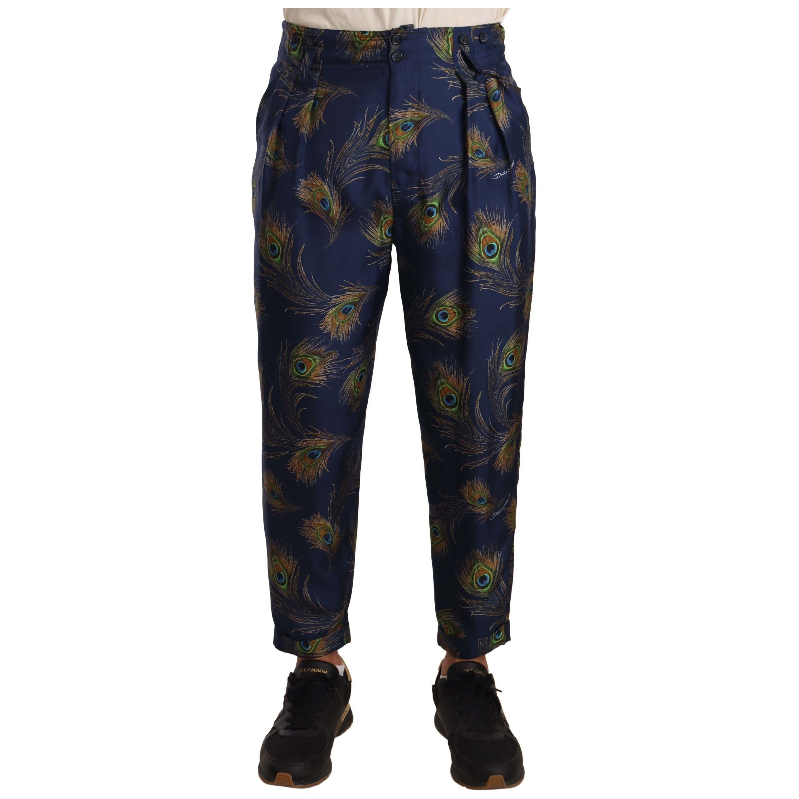 Dolce & Gabbana Blue Silk Exquisite Peacock Print Trousers
