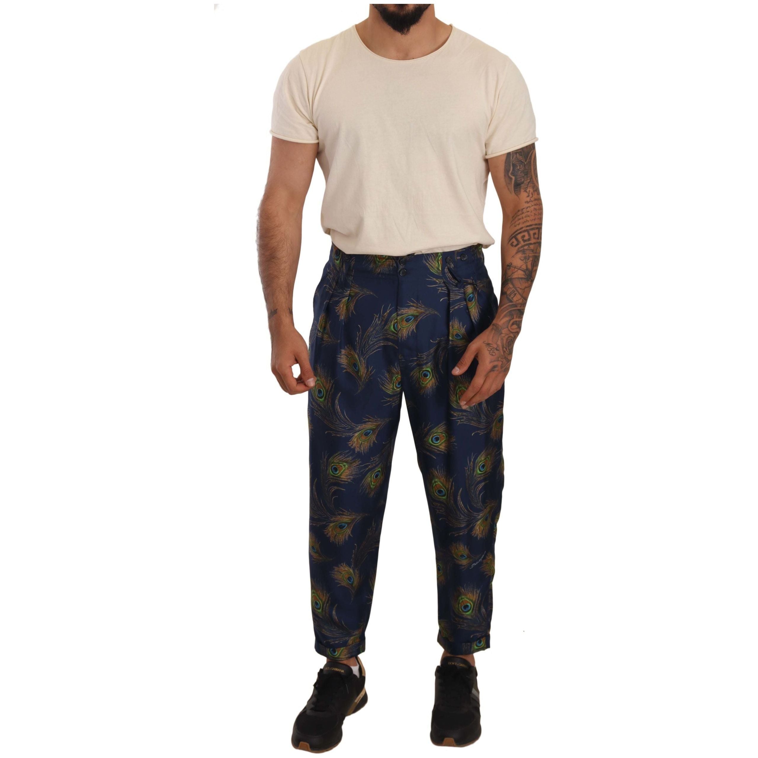 Dolce & Gabbana Blue Silk Exquisite Peacock Print Trousers