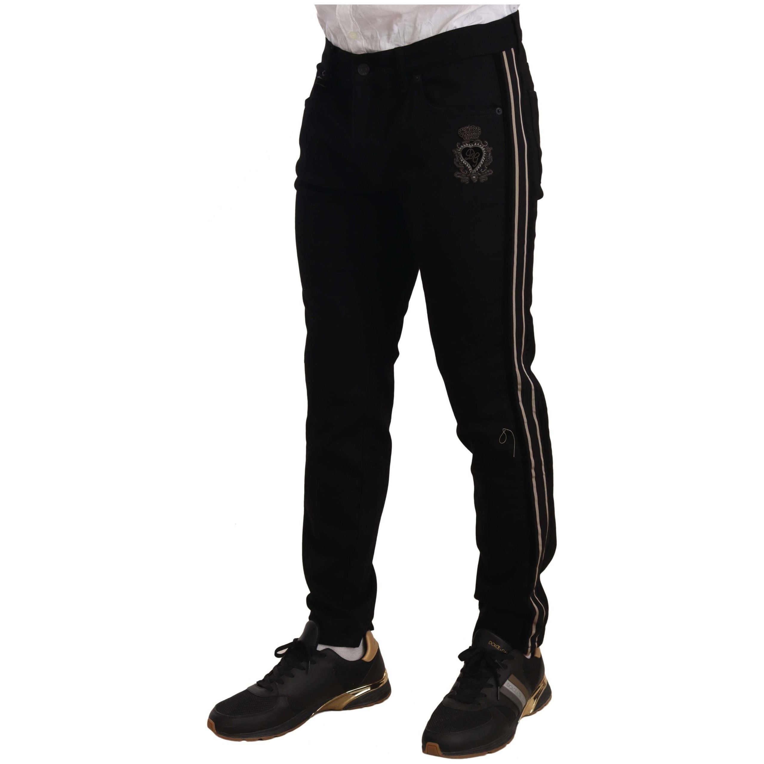 Dolce & Gabbana Black Cotton Heraldic Embroidered Slim Fit Jeans