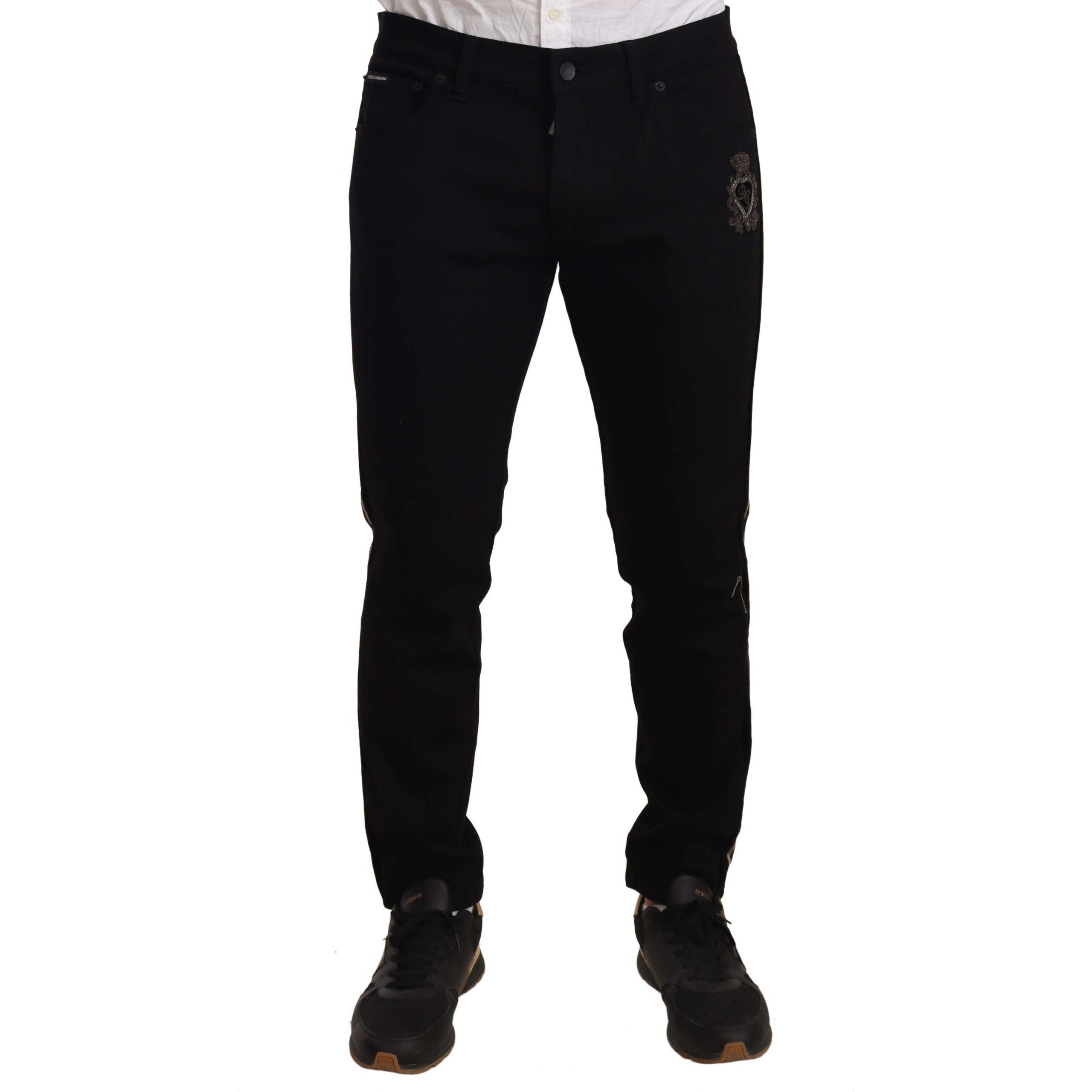 Dolce & Gabbana Black Cotton Heraldic Embroidered Slim Fit Jeans