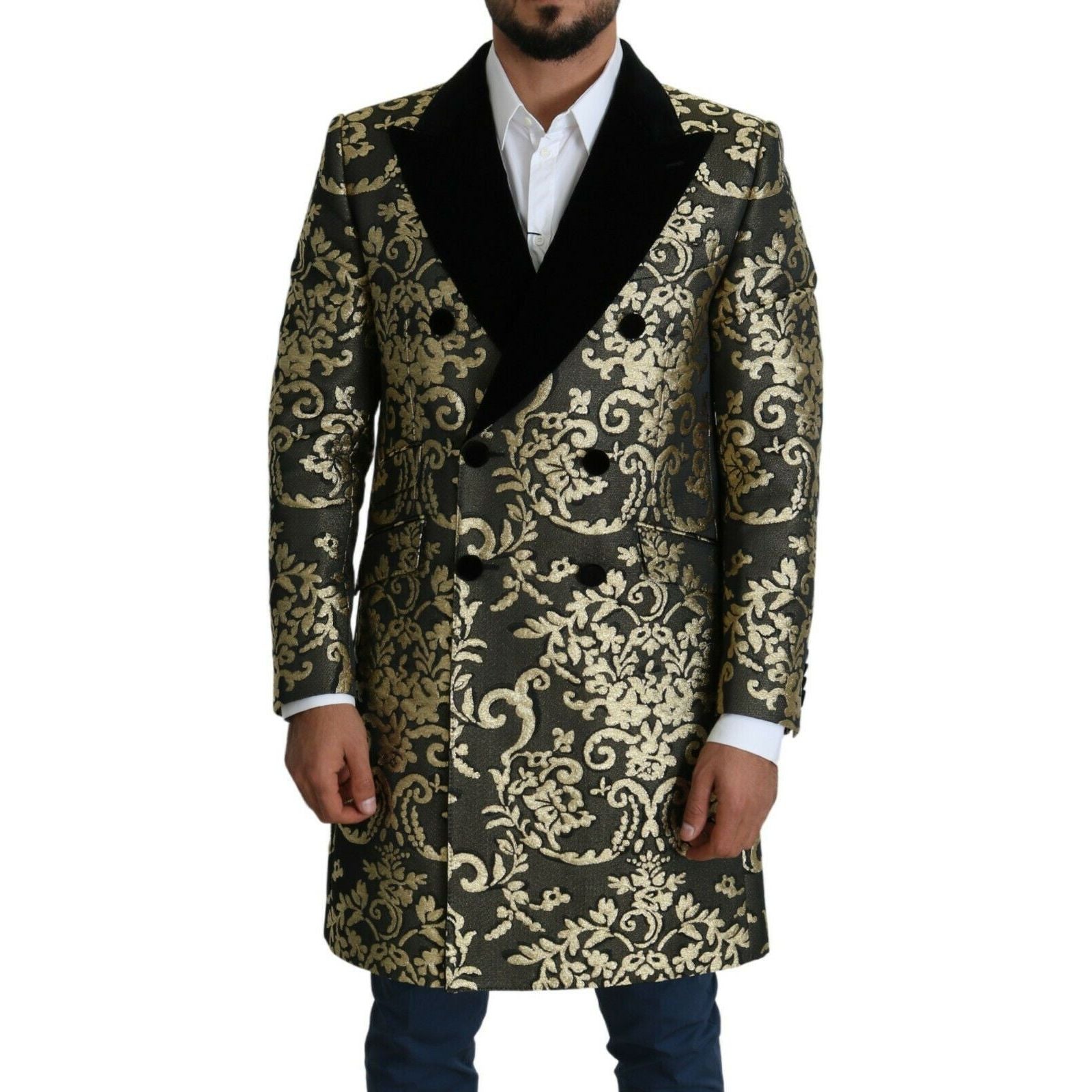 Dolce & Gabbana Gold Black Jacquard Double-Breasted Coat
