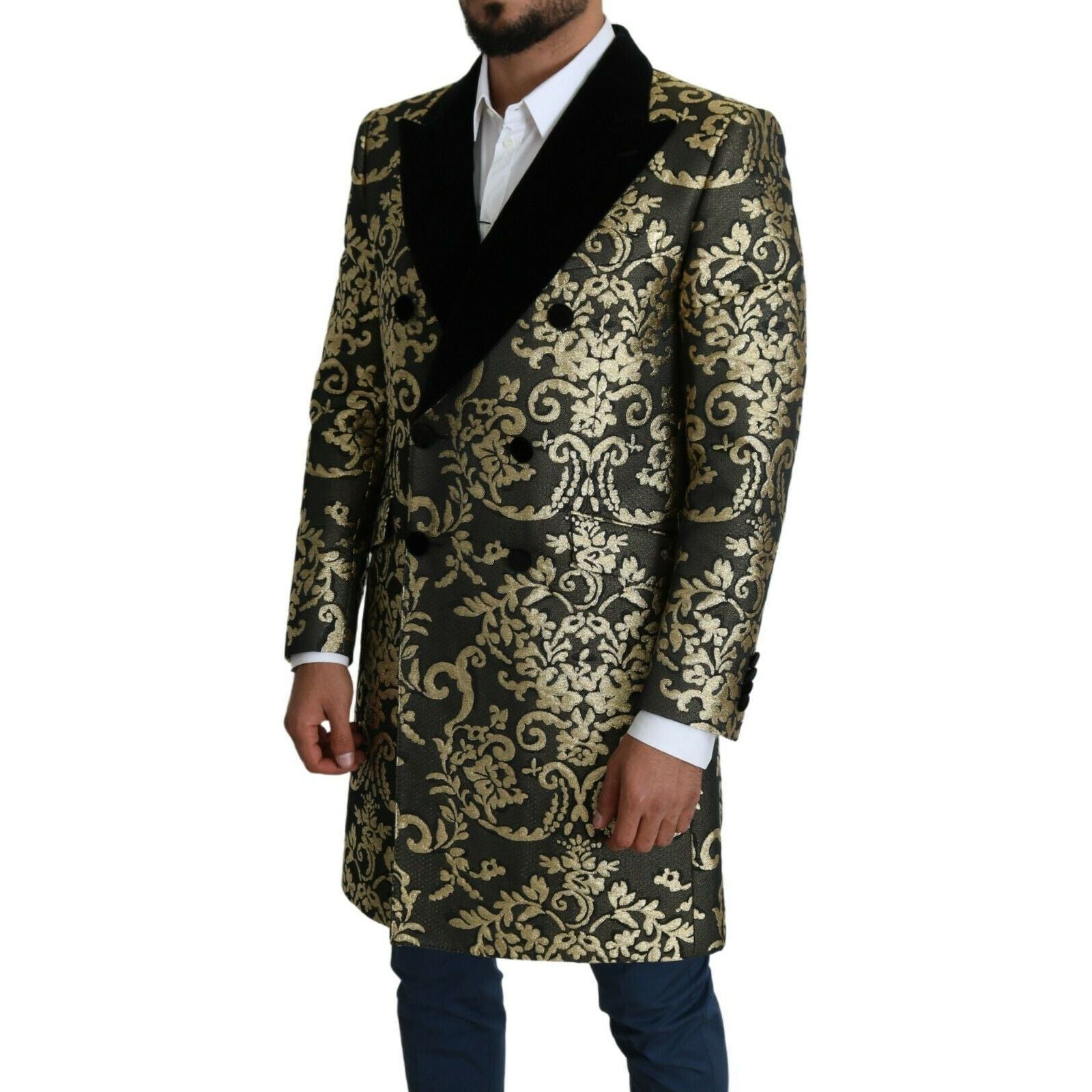 Dolce & Gabbana Gold Black Jacquard Double-Breasted Coat