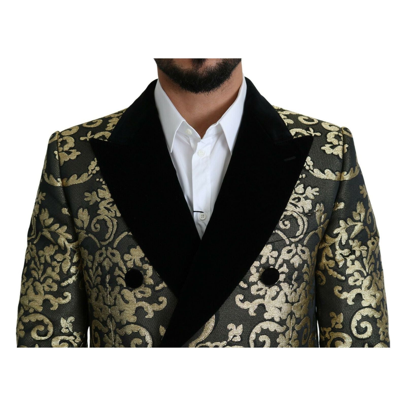 Dolce & Gabbana Gold Black Jacquard Double-Breasted Coat