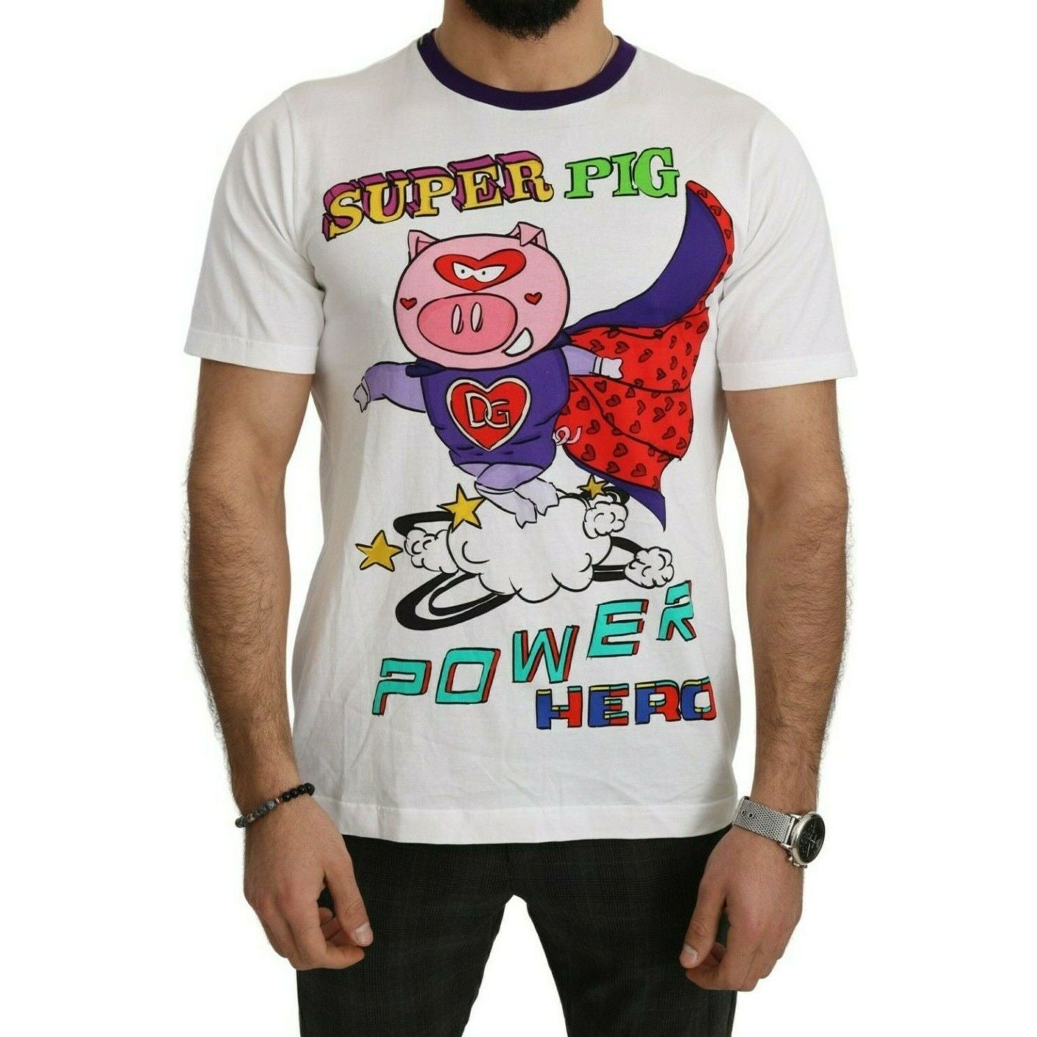 Dolce & Gabbana White Cotton Pig Motif Tee Elegance