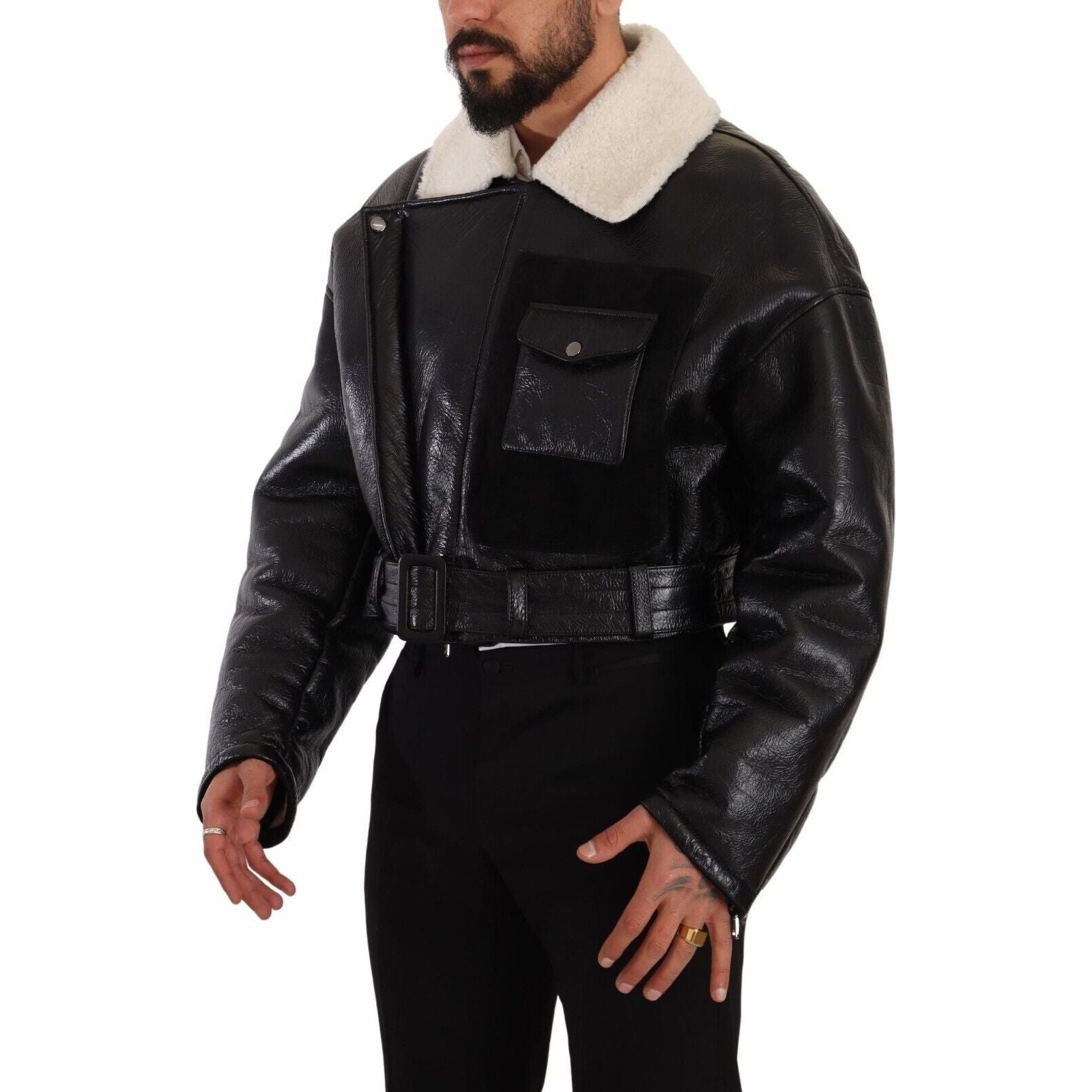 Dolce & Gabbana Black Shearling Biker Jacket Masterpiece