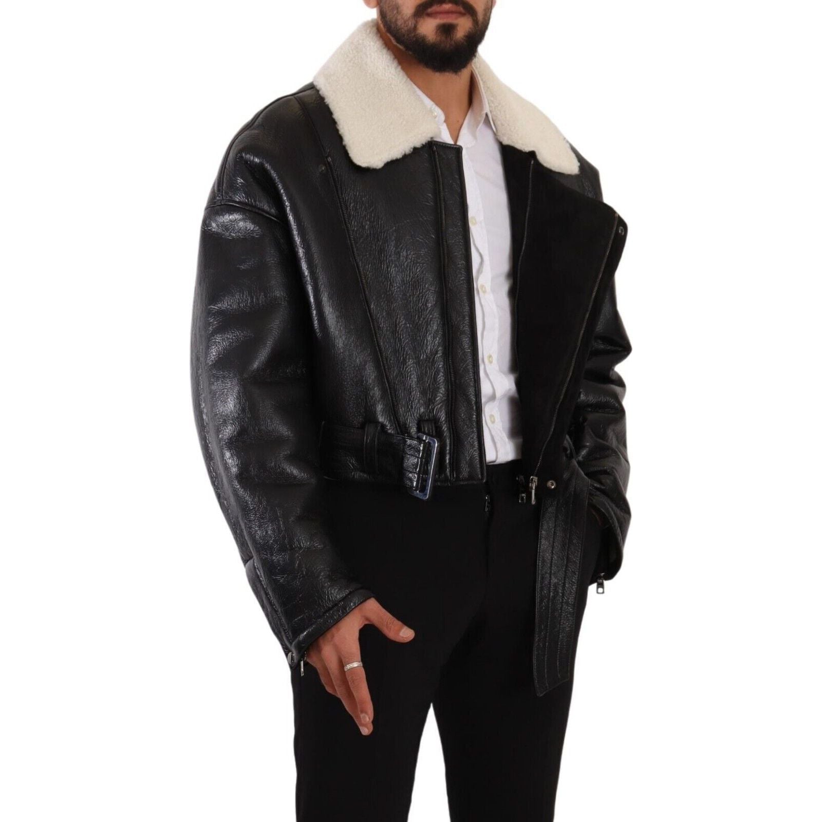 Dolce & Gabbana Black Shearling Biker Jacket Masterpiece