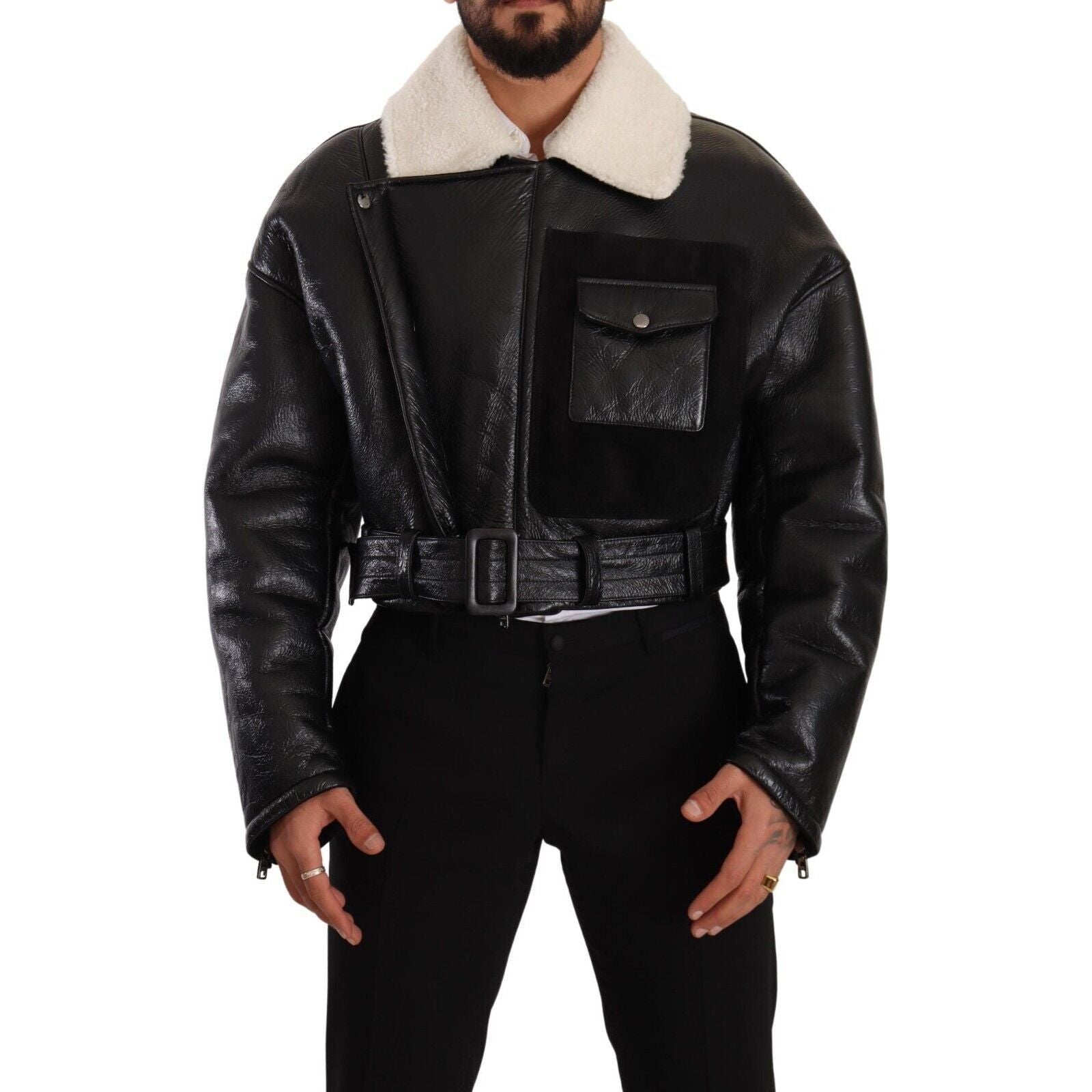 Dolce & Gabbana Black Shearling Biker Jacket Masterpiece