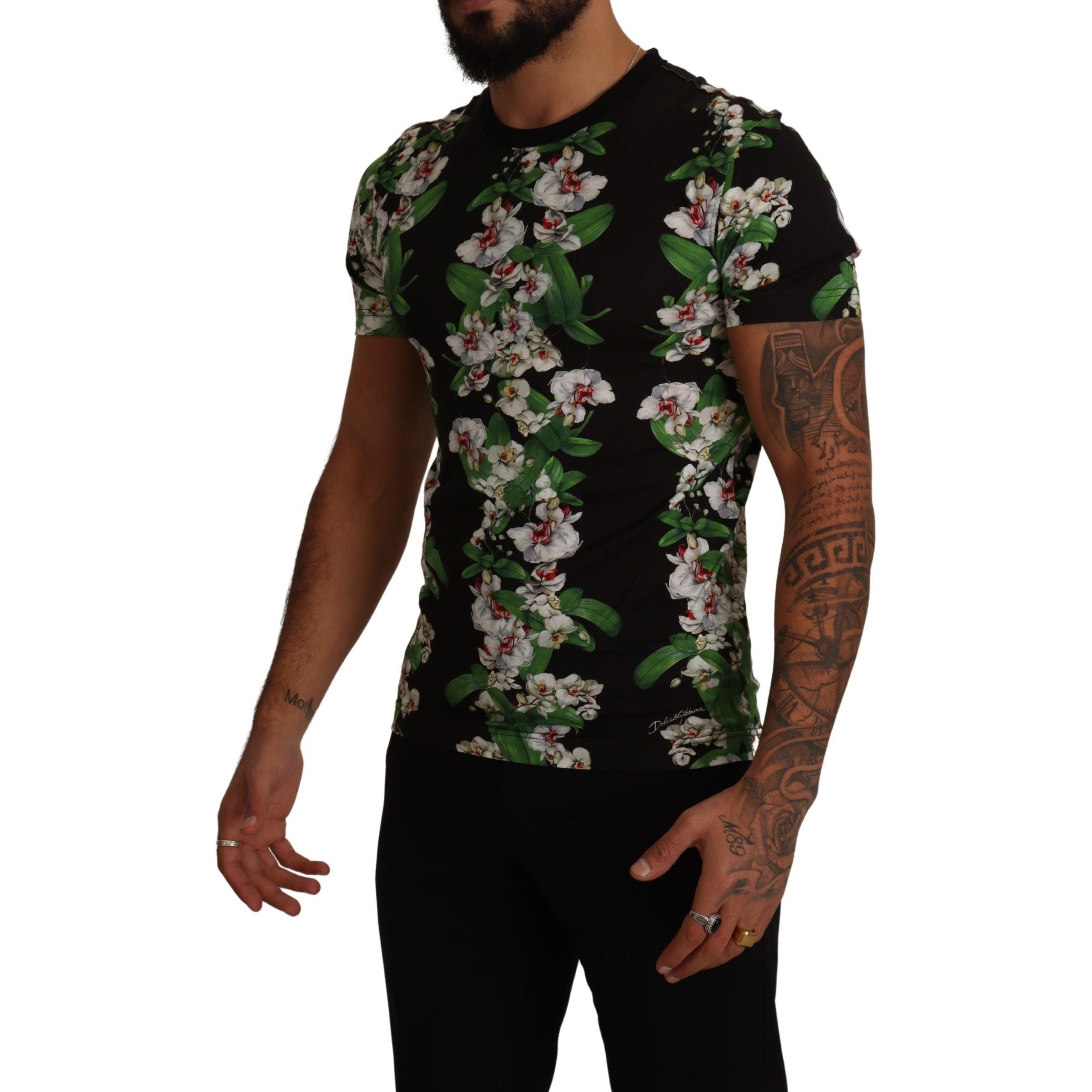 Dolce & Gabbana Black Cotton Elegant Floral Crewneck Tee