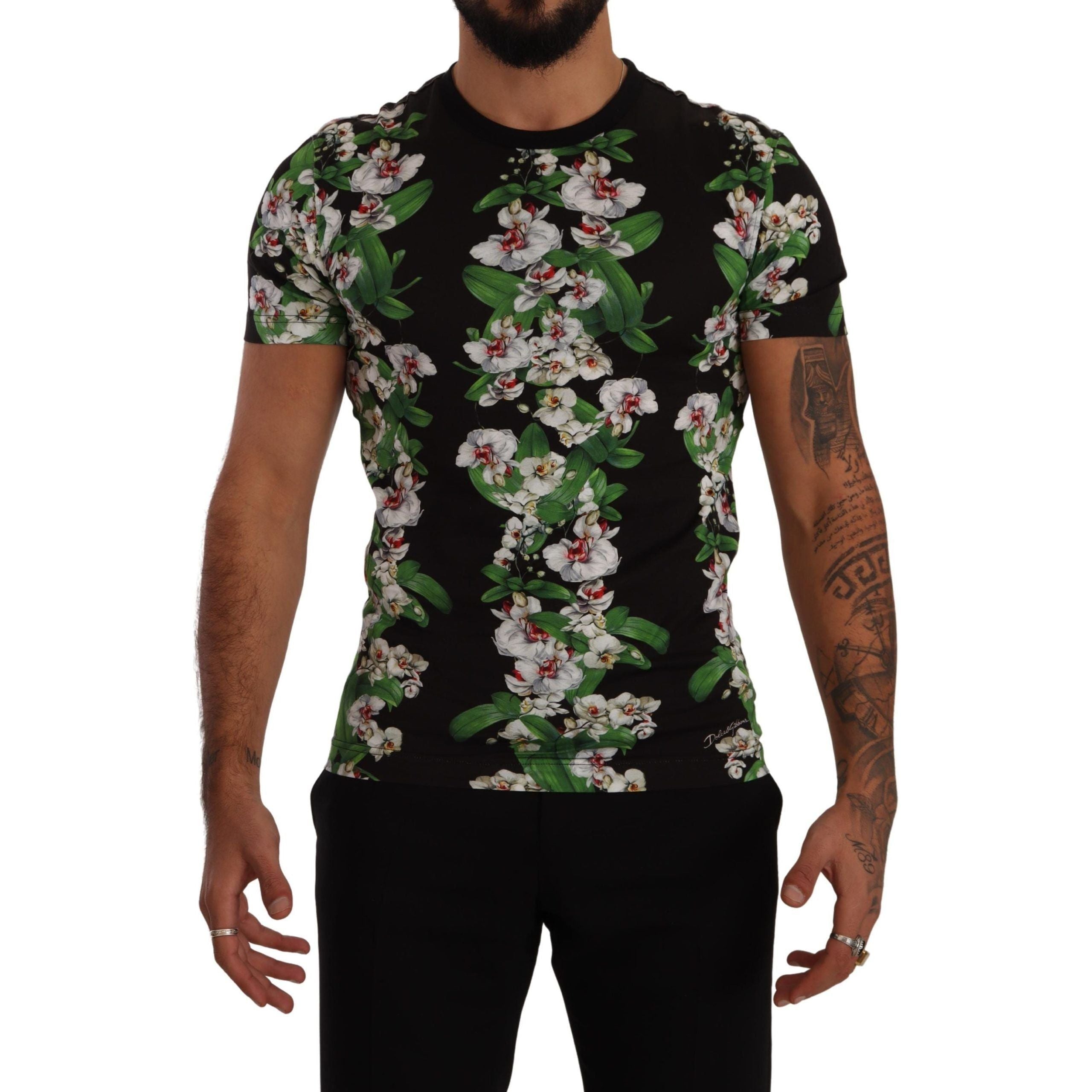 Dolce & Gabbana Black Cotton Elegant Floral Crewneck Tee