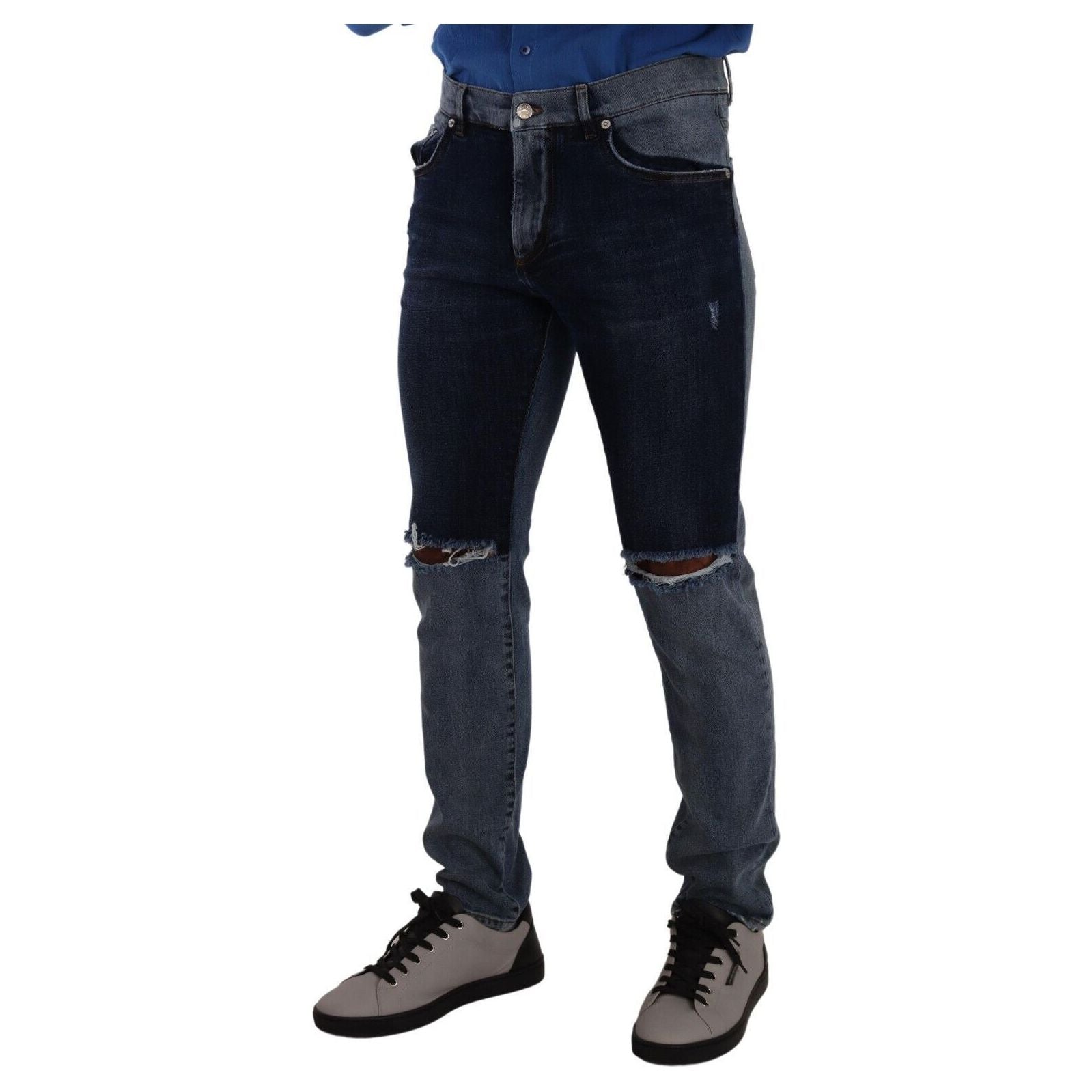 Dolce & Gabbana Blue Cotton-Stretch Tattered Denim Jeans
