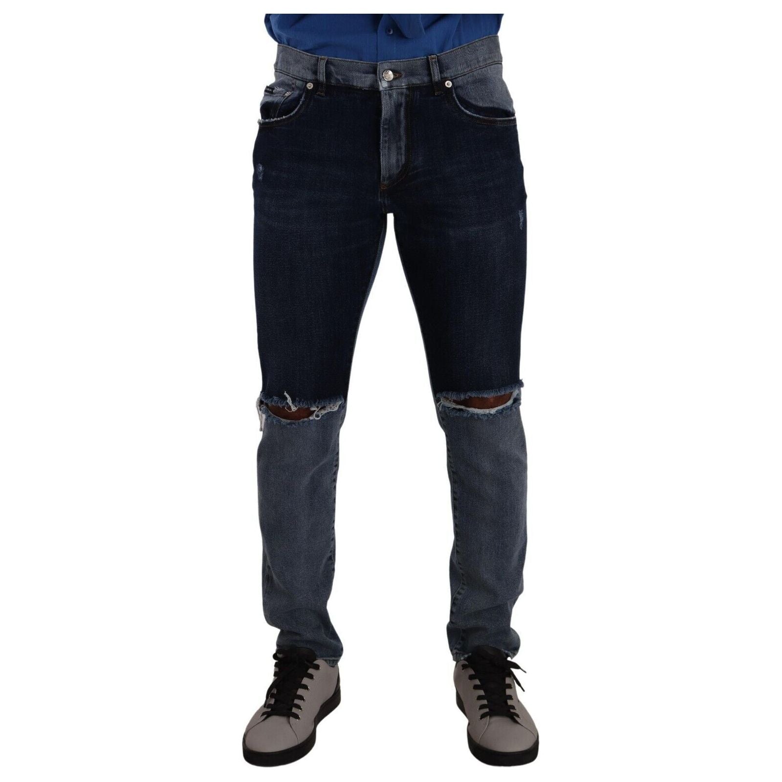 Dolce & Gabbana Blue Cotton-Stretch Tattered Denim Jeans