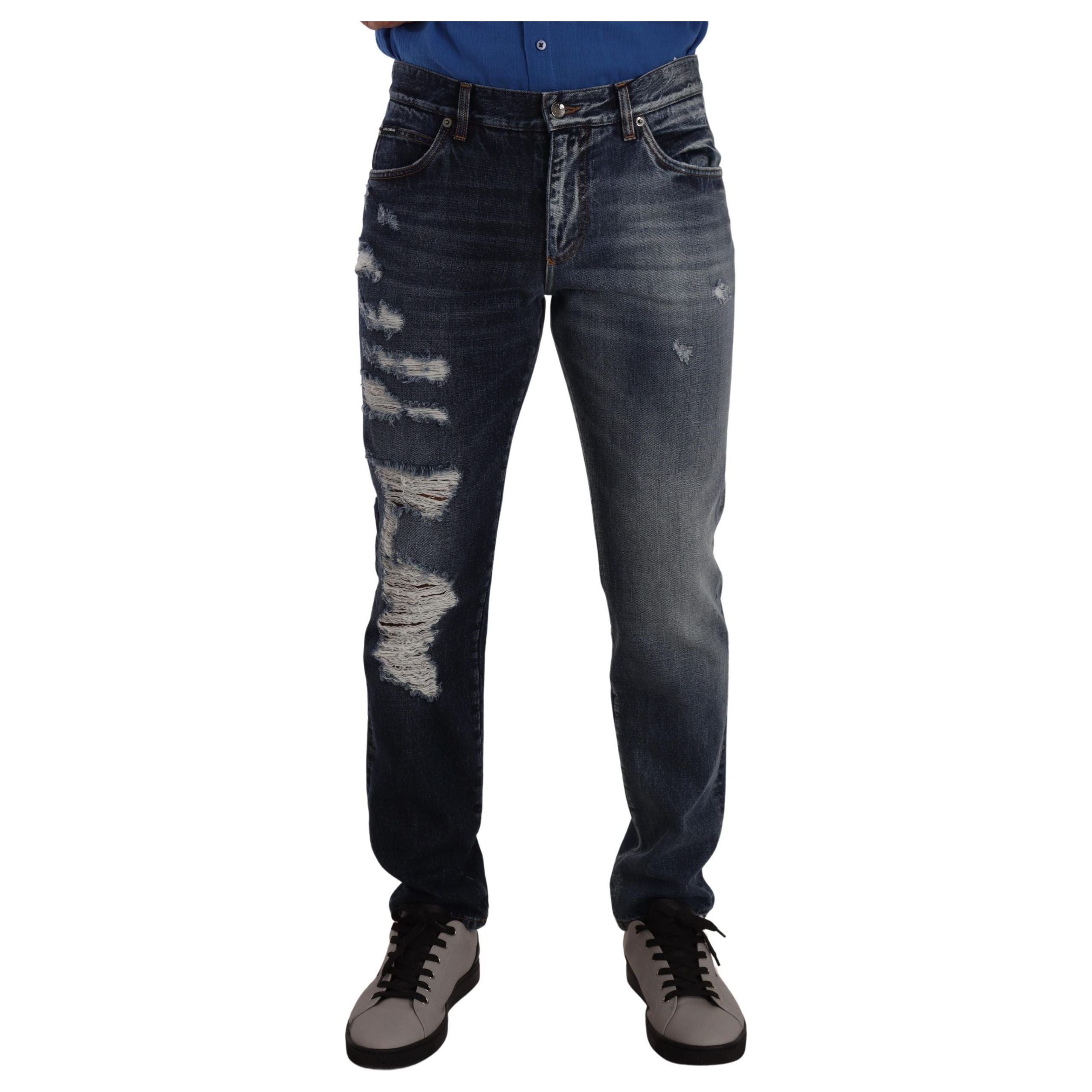 Dolce & Gabbana Blue Cotton Tattered Denim Jeans
