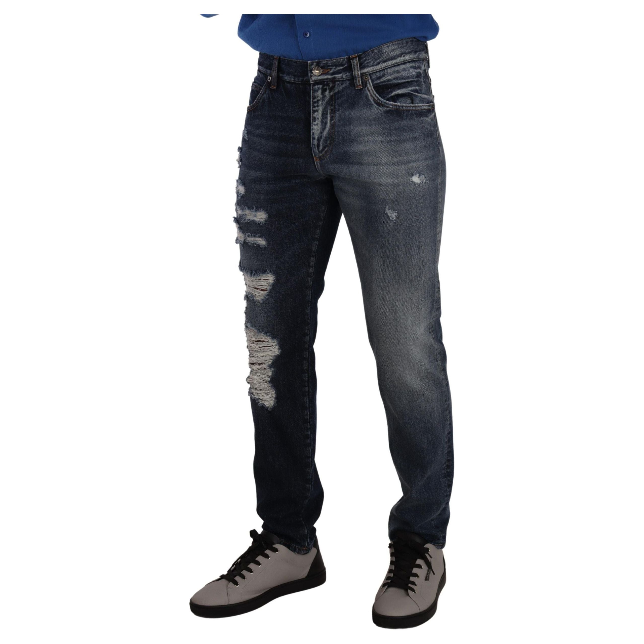 Dolce & Gabbana Blue Cotton Tattered Denim Jeans