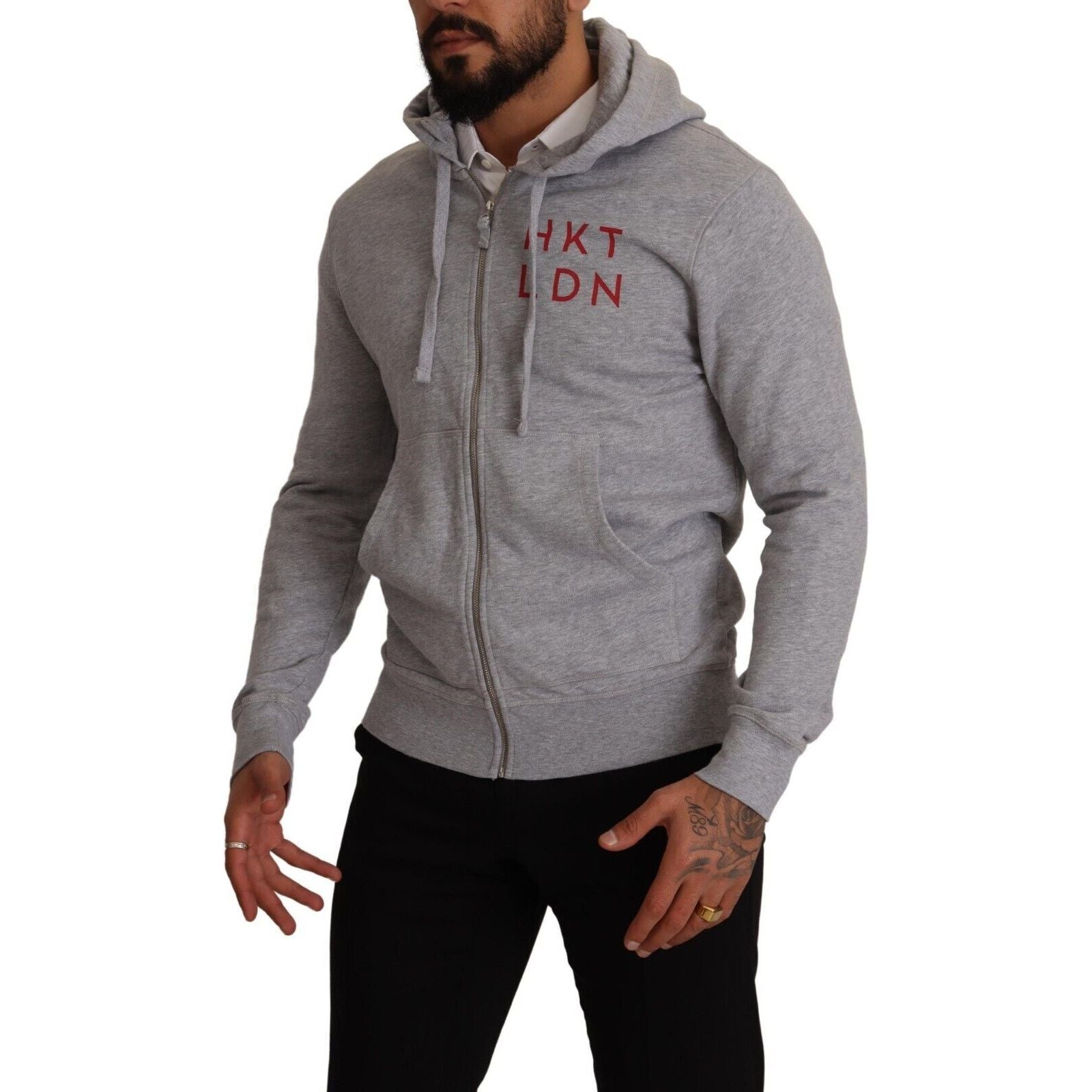 Hackett Light Gray Cotton Full Zip Hooded Sweater