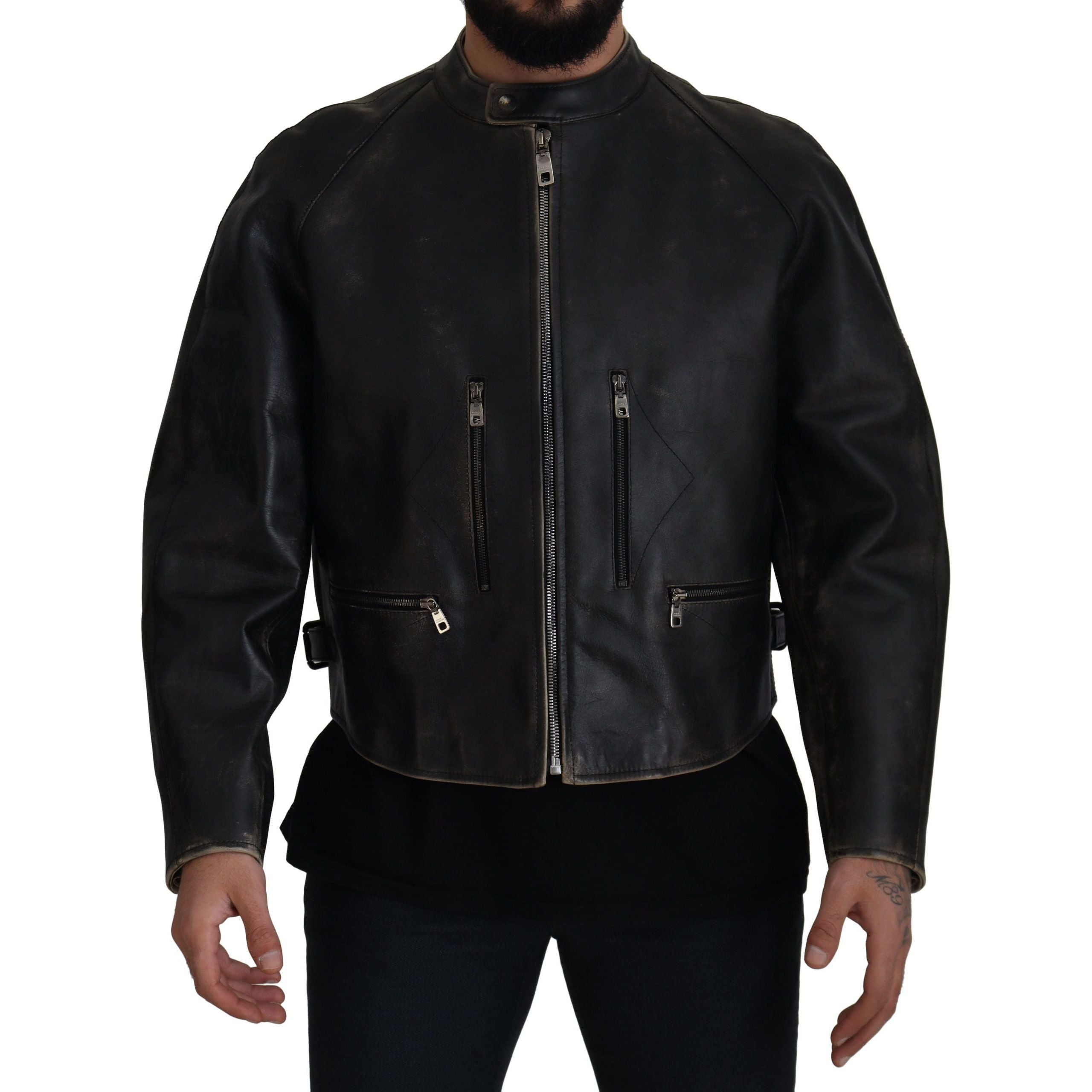 Dolce & Gabbana Black Leather Jacket with Silver Details