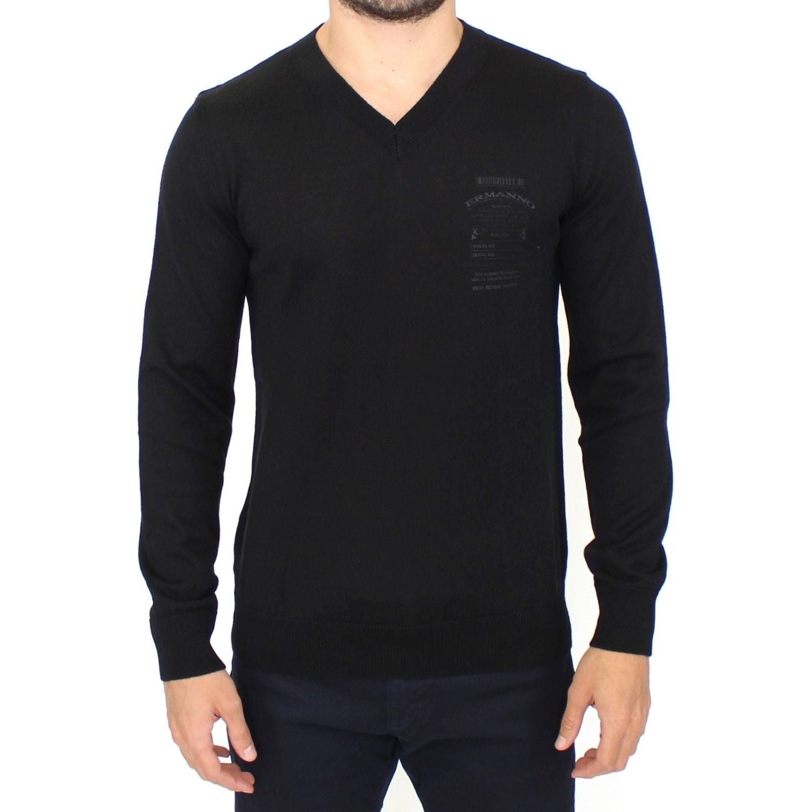 Ermanno Scervino Black Wool Blend V-Neck Sweater