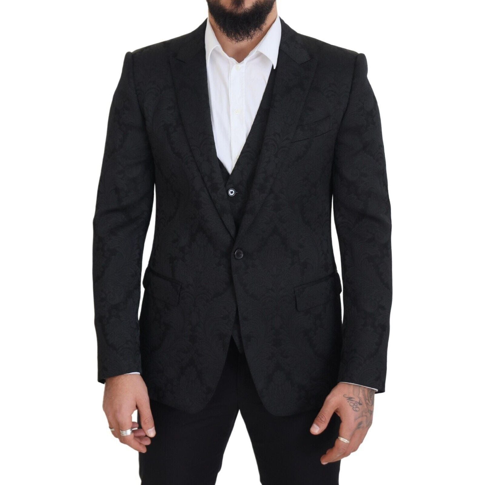 Dolce & Gabbana Black Wool Suit Jacket & Vest Ensemble