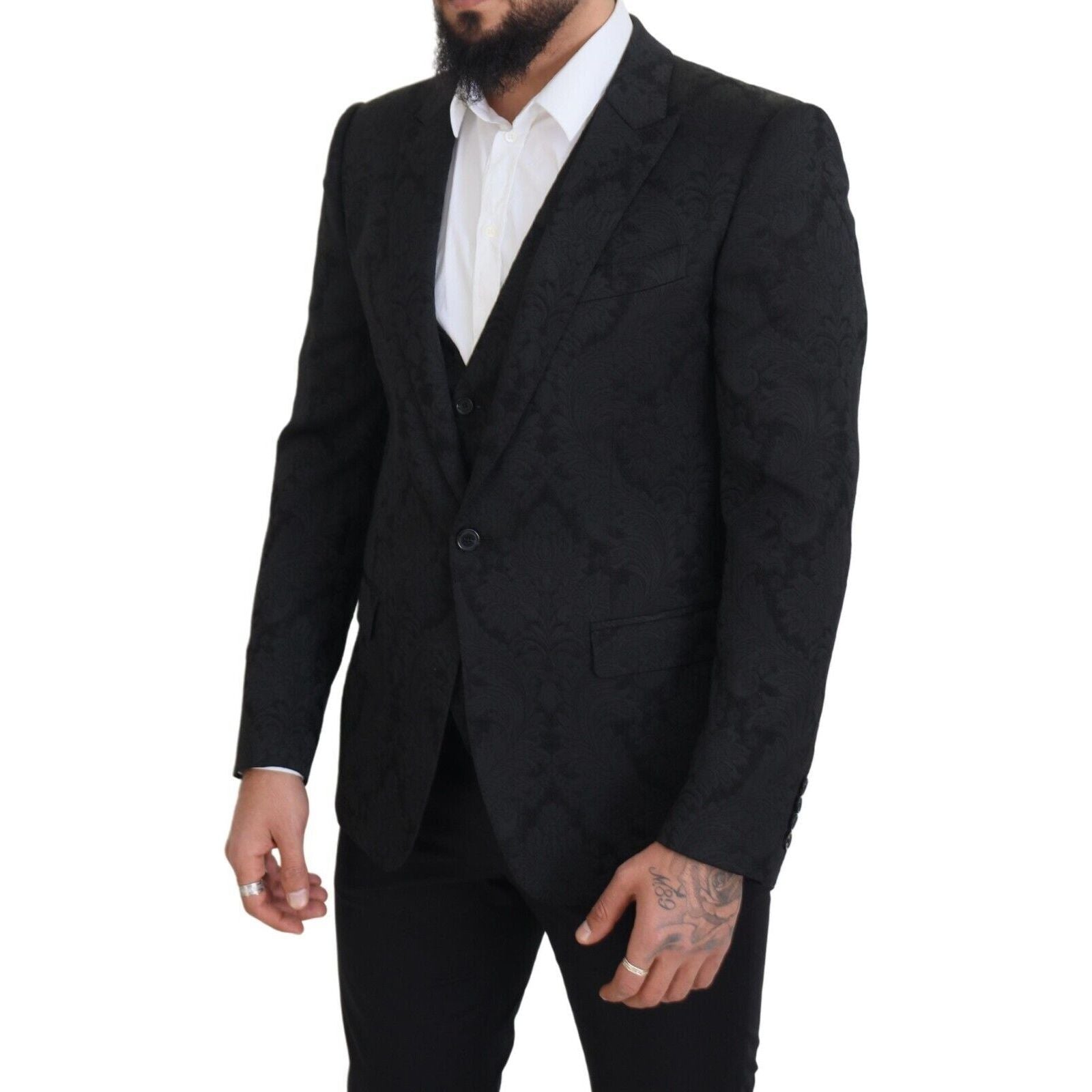 Dolce & Gabbana Black Wool Suit Jacket & Vest Ensemble