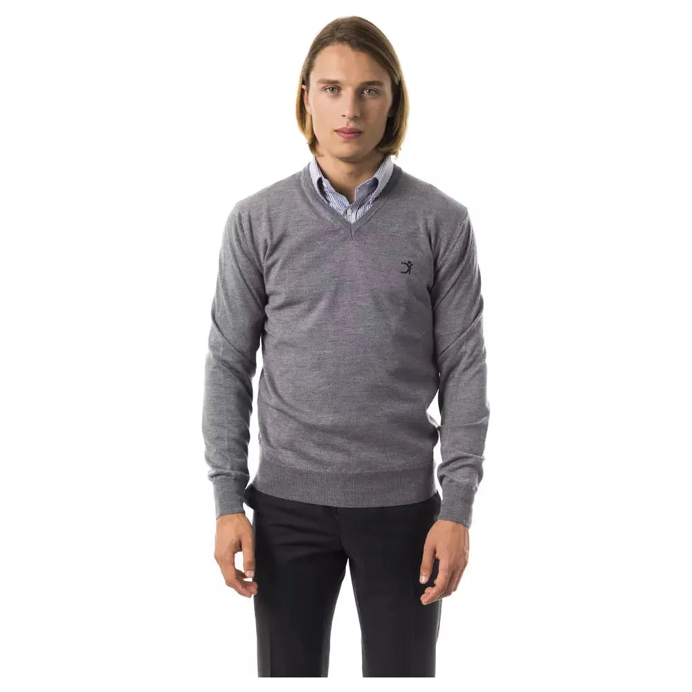 Uominitaliani Gray Merino Wool Sweater for Timeless Elegance