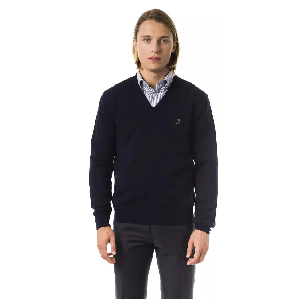 Uominitaliani Blue Merino Wool Sweater for Timeless Elegance