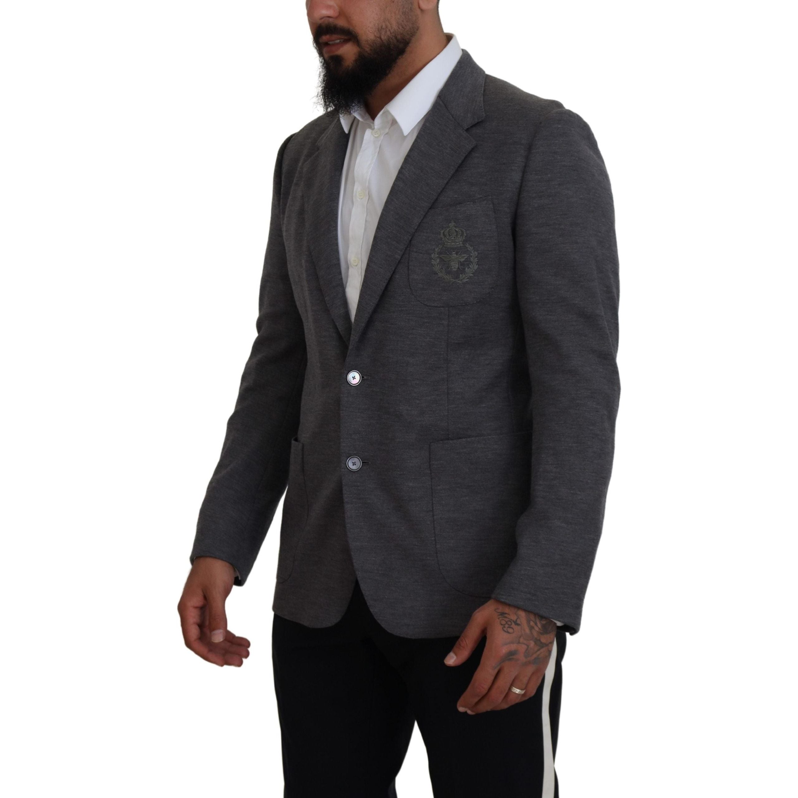 Dolce & Gabbana Gray Wool Blazer with Bee Crown Embroidery