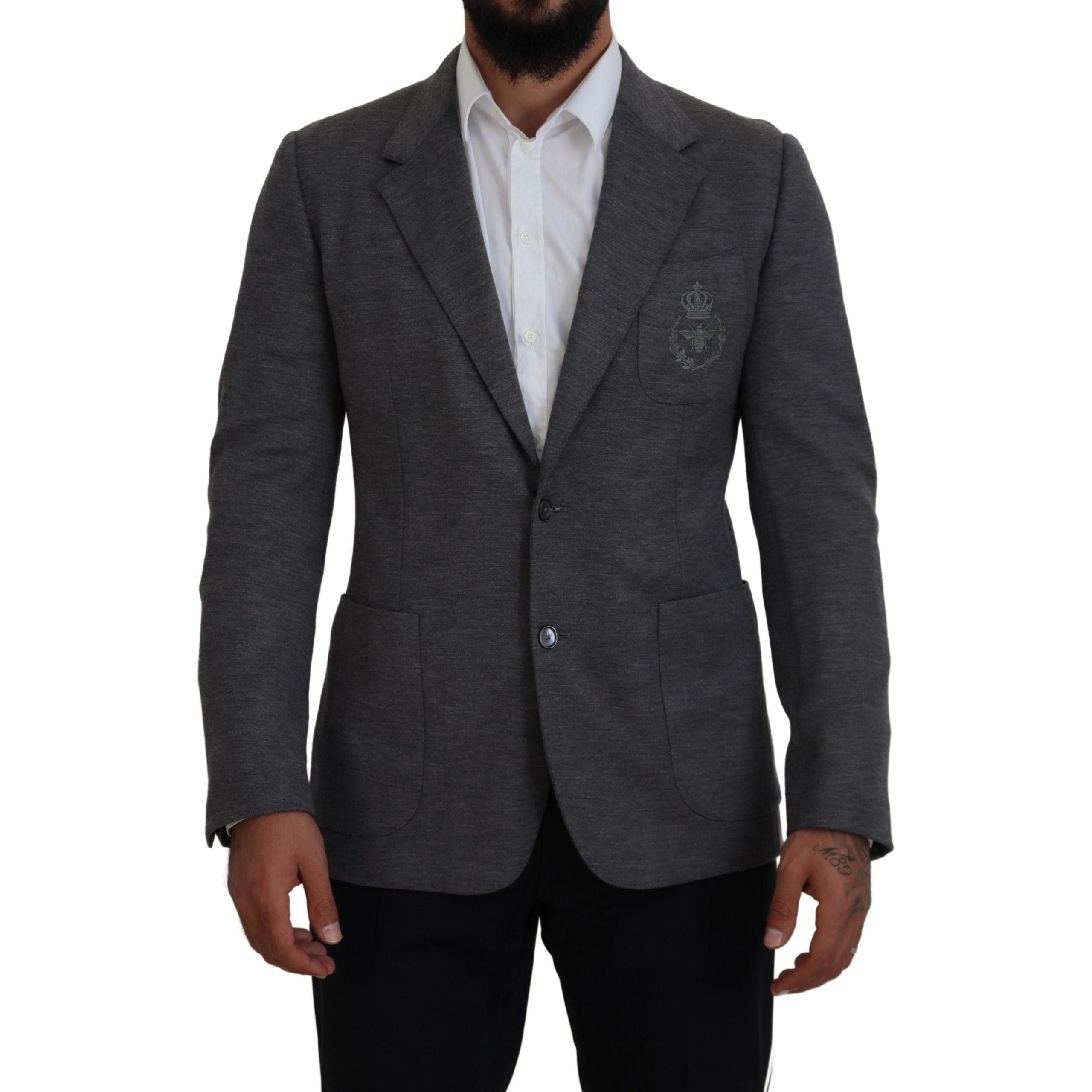 Dolce & Gabbana Gray Wool Blazer with Bee Crown Embroidery