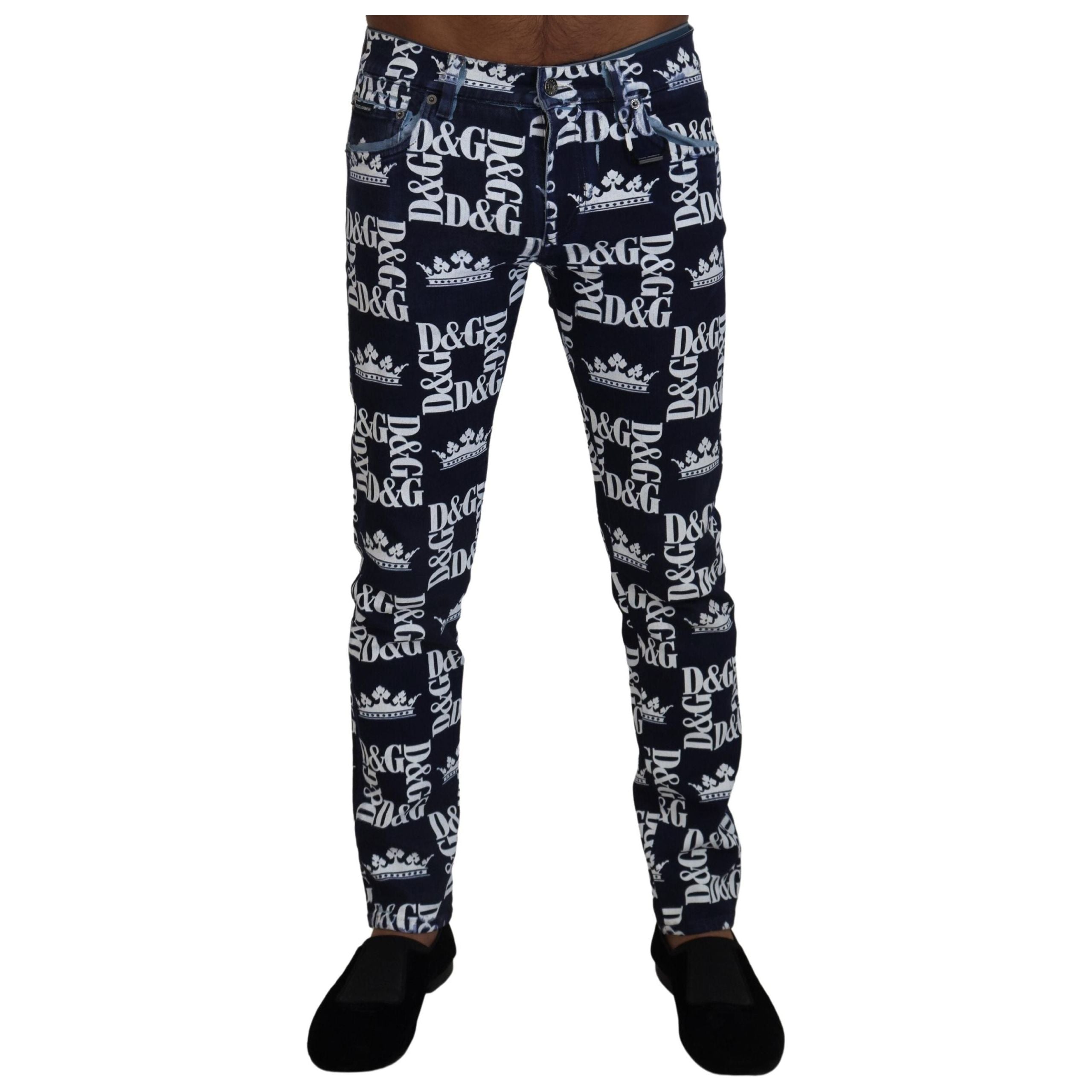 Dolce & Gabbana Blue Denim Crown Print Pants